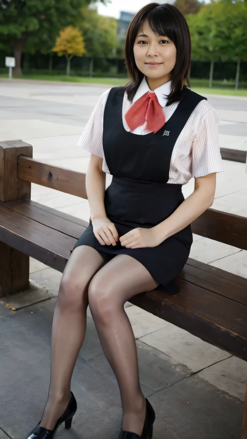 top quality、8k、 masterpiece、 Ultra High Resolution、Clear Photo、 professional lighting、 natural light、 by Nomi、 perfect anatomy、 one woman、baby face:2.0、Big Breasts、saggy breasts:1.1、 beautiful hair、 short bob hair、smile、((Star Uniform:1.2))、( black vest:1.3、 short sleeve shirt、 Red Ribbon、 pencil skirt)、( pantyhose)、 sneakers、 autumn park、Sitting on a bench