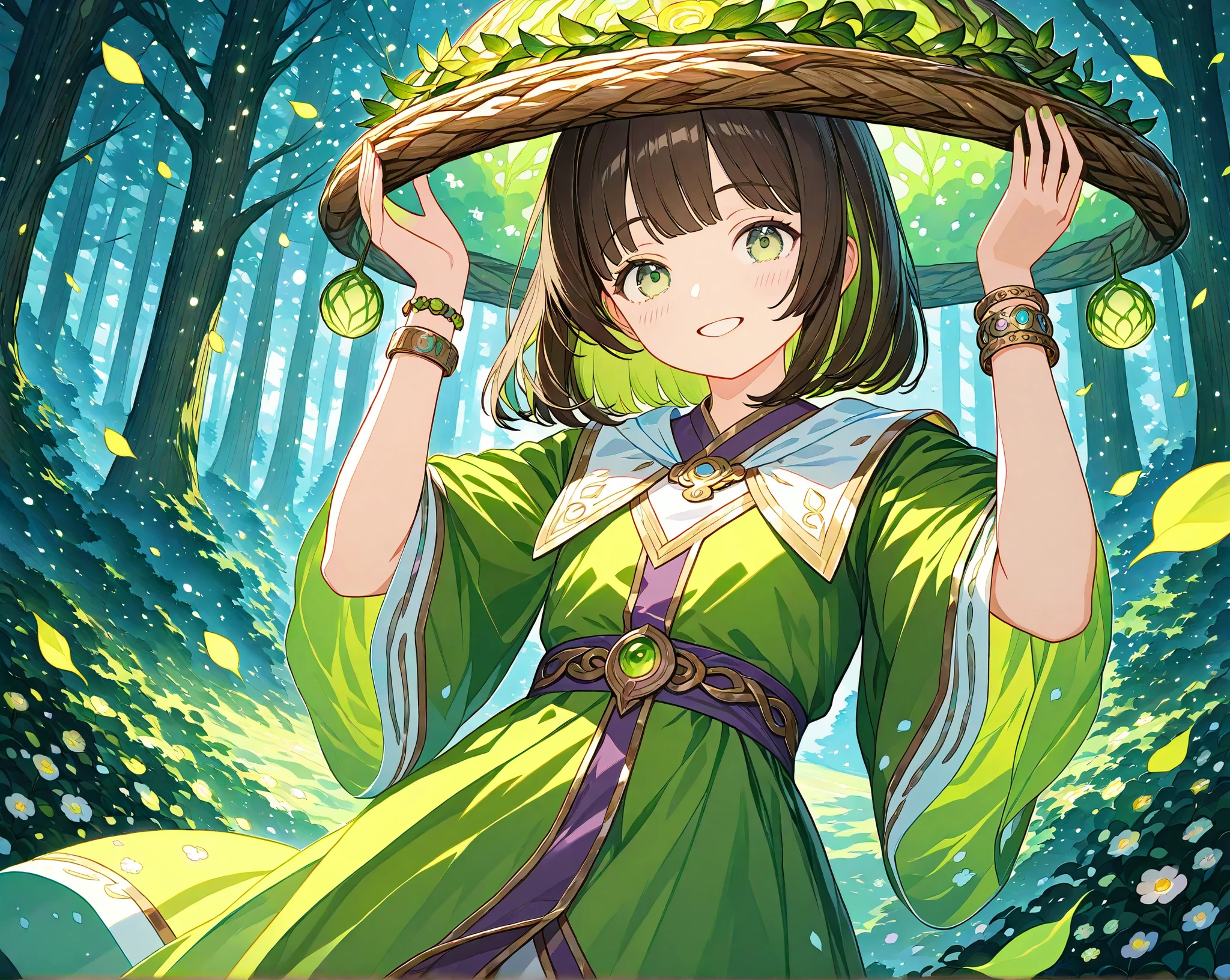 masterpiece, absurdres, hyper detailed, 4k, UHD, japanese illustration style, Anatomically correct, (((((((solo))))))) 1shota, kawaii, happy smile, dark_brown hair, green_colored-inner hair, medium hair, bangs, (dark_green eyes) (drooping eyes) slim, Europian fantasy, Herbalist, enchanter's robe, bracelet, beautiful forest, (flower:0.6) calm atmosphere, cowboy shot,