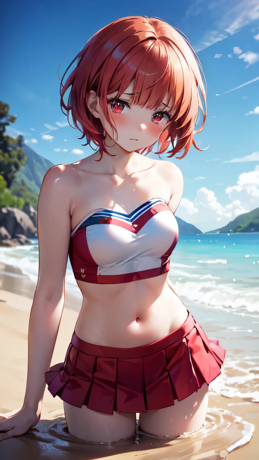 a girl, 20 years old, ass facing the public, showing her buttocks, sensual pose, short hair, perfect body, sensual cleavage, medium breasts, wearing micro bikini 1.9, red bikini, vinyl bikini, thin bikini, very high waist bikini, Ultra HD, 4k image, best image quality, (fidelity: 1.4), photoreal, green eyes, eyelashes, beautiful pupil, shadows, slight blush, delicate facial features, reasonable facial features, exposed waist, natural poses, just one character