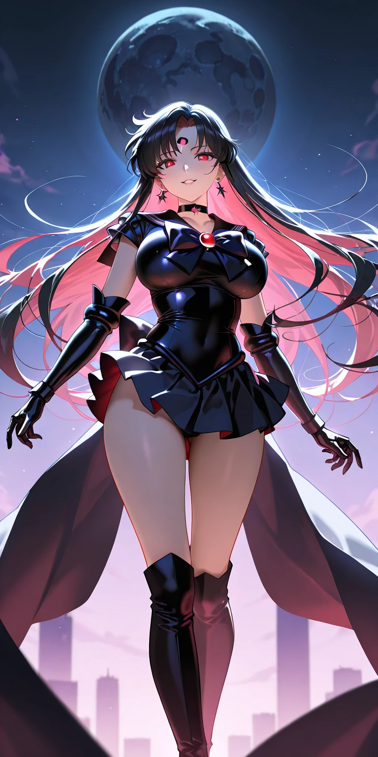 (Masterpiece), Best Quality, ultra-detailed, 1girl (SMMars, Slender and sexy body, lovely breasts, dark skin, black hair, very long hair, red eyes, half-closed eyes), evil face, smirk, parted lips, solo, facing viewer, looking at viewer, black latex leotard, red pleats skirt, ultra mini skirt, elbow gloves, full moon, outdoor, fog, standing, Sexy waist teasing