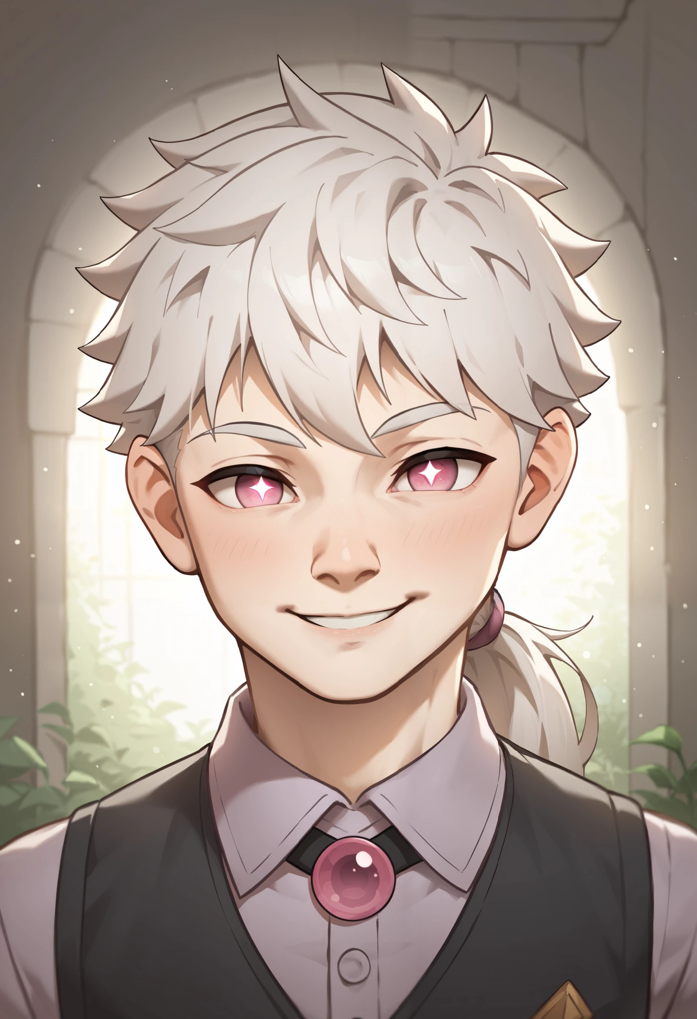 Masterpiece, Best Quality, Ultra-Detailed, 1boy, young, ager, skinny, pale skin, white hair, ponytail, magenta pupils, bright pupils, very beautiful and detailed eyes, very detailed eyes, vest, black vest, purple shirt, pink details on the vest, white details on the shirt, naive face, naive smile medium shot:1.0, high resolution:1.2, best quality, master part, daylight, Reflection of lens, upper body shot, looking front.