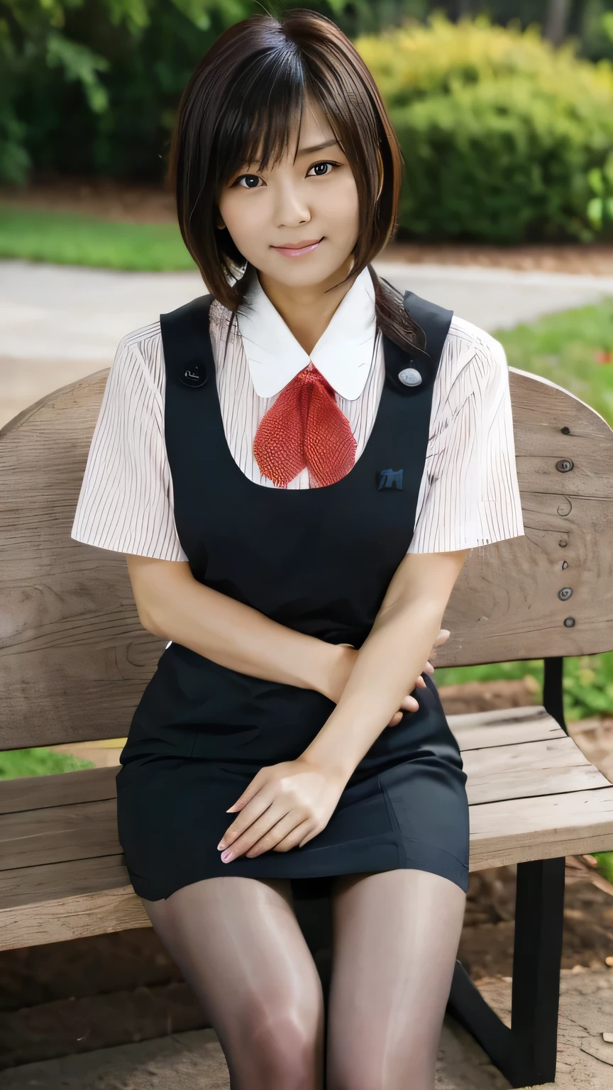  top quality、8k、 masterpiece、 Ultra High Resolution、Clear Photo、 professional lighting、 natural light、 by Nomi、 perfect anatomy、 one woman、:2.0、Big Breasts、saggy breasts:1.1、 beautiful hair、 short bob hair、smile、((Star Uniform:1.2))、( black vest:1.3、 short sleeve shirt、 Red Ribbon、 pencil skirt)、( pantyhose)、 sneakers、 autumn park、Sitting on a bench