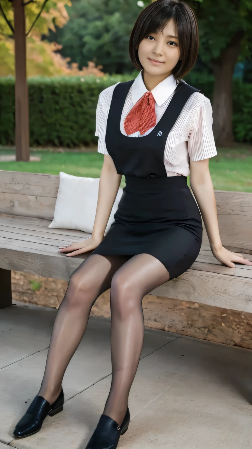  top quality、8k、 masterpiece、 Ultra High Resolution、Clear Photo、 professional lighting、 natural light、 by Nomi、 perfect anatomy、 one woman、baby face:2.0、Big Breasts、saggy breasts:1.1、 beautiful hair、 short bob hair、smile、((Star Uniform:1.2))、( black vest:1.3、 short sleeve shirt、 Red Ribbon、 pencil skirt)、( pantyhose)、 sneakers、 autumn park、Sitting on a bench
