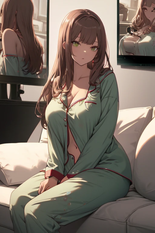 ((masterpiece)), ((best quality)), (((cute))), ((extremely detailed)), ((anime coloring)), 4K, (8K), full body shot, (pov), a cute anime Female in her 20s, solo, (tan:1.5), (beautiful red hair:1.4), (green tareme:1.4), ponytail, (curvy), night, bedroom, on the bed