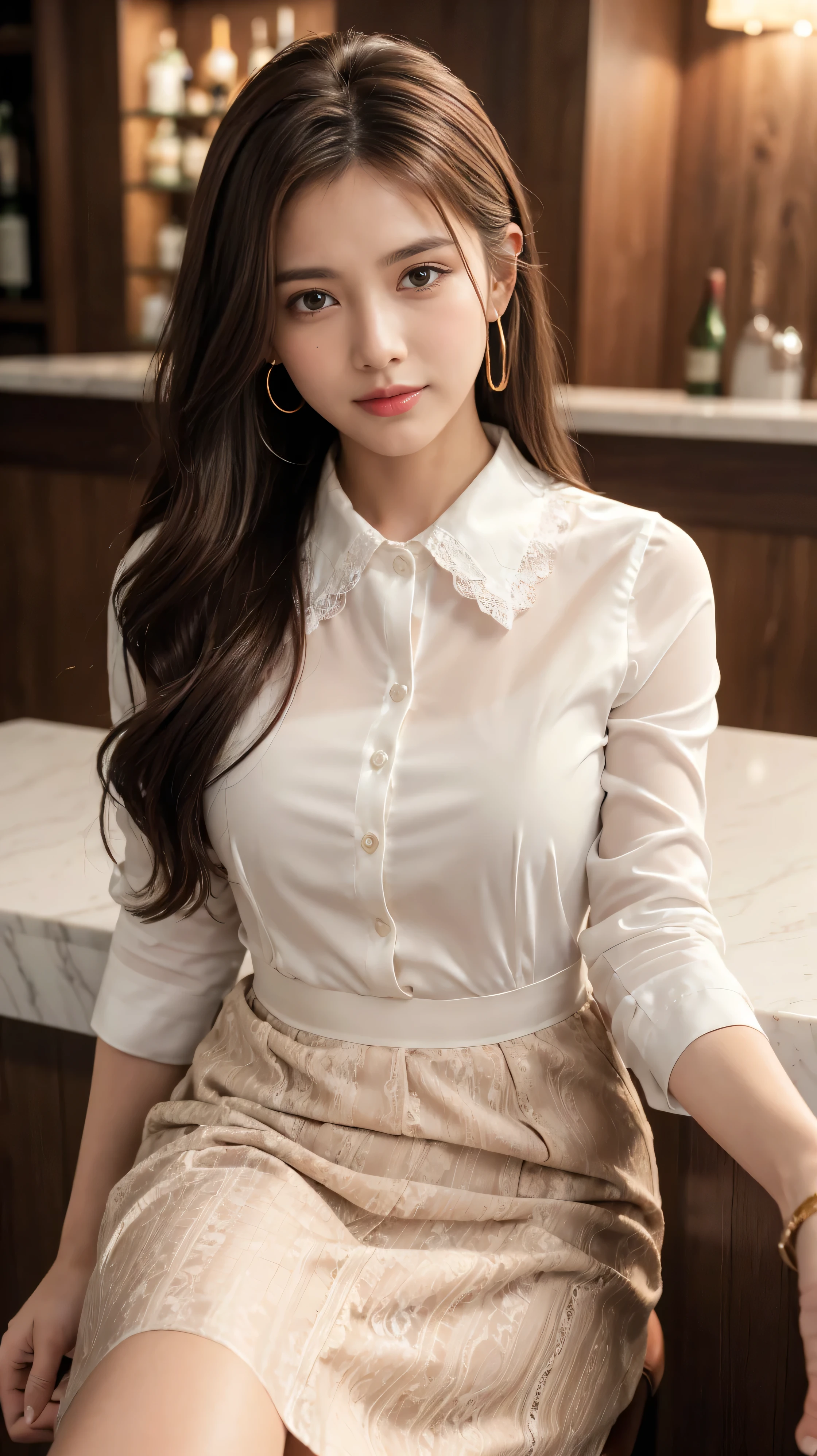 detailed background, masterpiece, best quality, 1 person , curly hair, long hair, purple eyes, star in eye , grey  blouse, long  skirt, grey , grey blouse , beautiful bow, detailed bow, indoor , hair accessories, jewelry, red lips