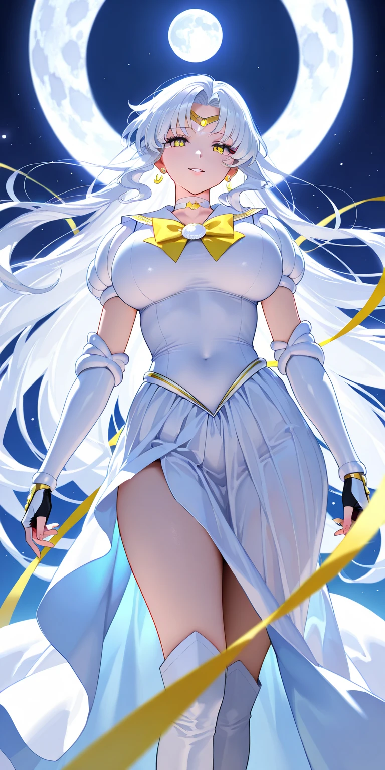 ((from below, upper body, white panties, cameltoe,)) large breasts:1.6, masterpiece, best quality, (intricate details:1.2), (scenery:1.11), solo, face focus, close up, ultra high res, right anatomy, detailed skin, beautiful face, 1 girl, cleavage, sailor cosmos, standing, long hair, skirt, hair ornament, twintails, jewelry, purple eyes, white hair, pleated skirt, earrings, choker, sailor collar, hair bun, cape, double bun, facial mark, white skirt, brooch, white sailor collar, hairpin, forehead mark, white choker, sailor senshi uniform,