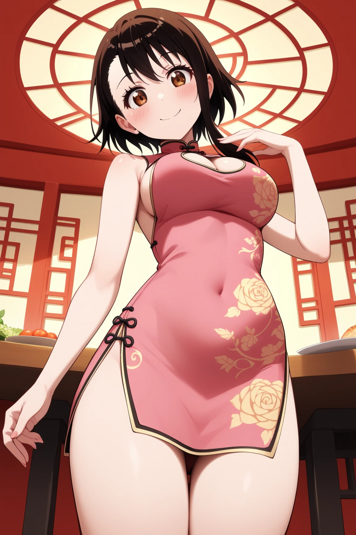 score_9,score_8_up,score_7_up,masterpiece,best quality, source anime, realistic, super detailed, extreme detailed, rating_safe,
1girl, fighting pose,
BREAK girl, 22yo, short hair, bob cut, (blunt bangs), black hair, (tareme, detailed cute brown eyes), curled eyelashes, (large breasts:0.9),
shiny hair, beautiful detailed eyes, beautiful face,
slender, small ass, slim legs,
body conscious cheongsam, serious, Chinese restaurant