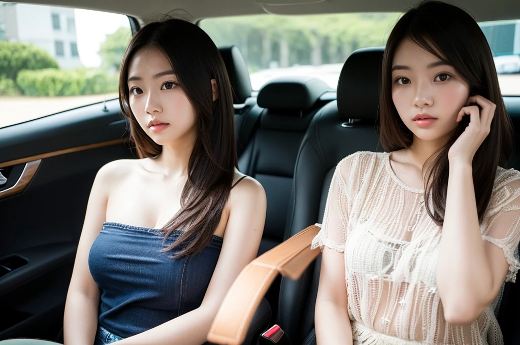 Indonesian girl 17-year-old Hairstyle Casual, F Cup Breasts wearing loose dress with leggings in car and driving the car with her friend