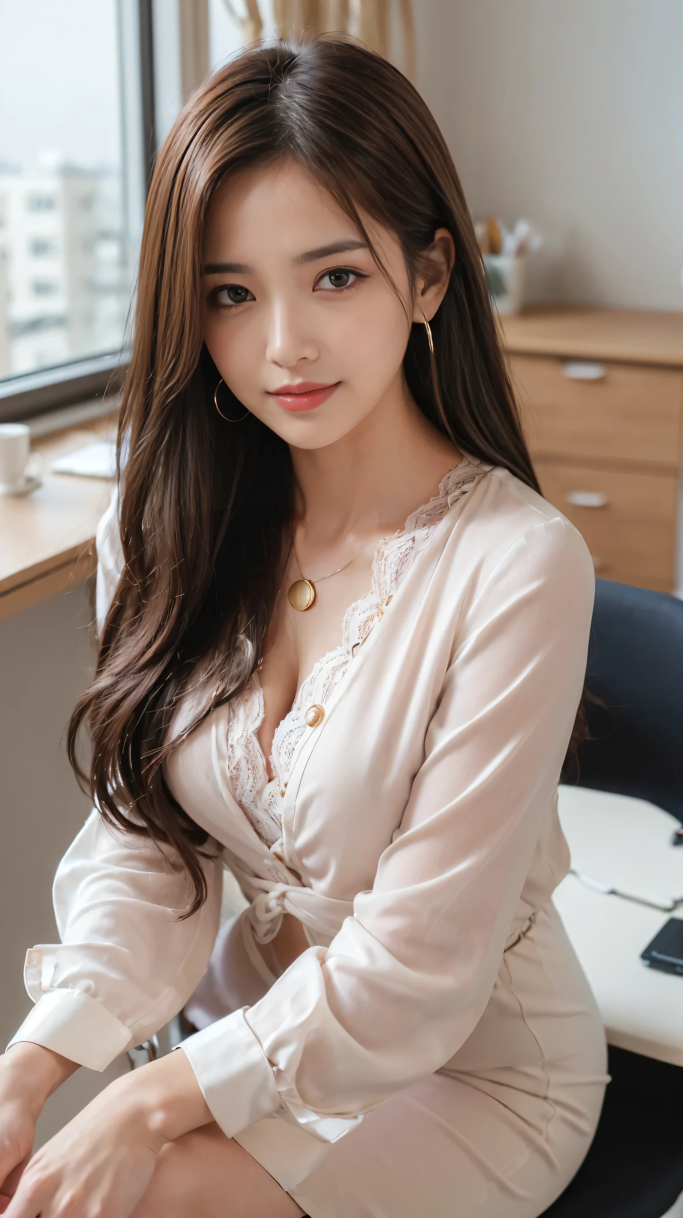 table top, highest quality, realistic, Super detailed, finely, High resolution, 8k wallpaper, 1 beautiful woman,, sharp focus, perfect dynamic composition, beautiful and detailed eyes, thin hair, Detailed realistic skin texture, smile, close-up portrait, model body shape、president'secretary、mini skirt、high heels、whole body、suit,((brown semi-long hair:1.2))((Hair with loose inward waves:1.2)),((gold necklace_big earrings:1.2)),((shy smile:1.3)),((blouse and skirt, Wearing a white silk blouse,Please wear a white shirt and a dark purple skirt.:1.3)), 、whole bodyショット、((Standing whole body figure supermodel, whole bodyがフレーム内に収まる))、in a luxurious room、
