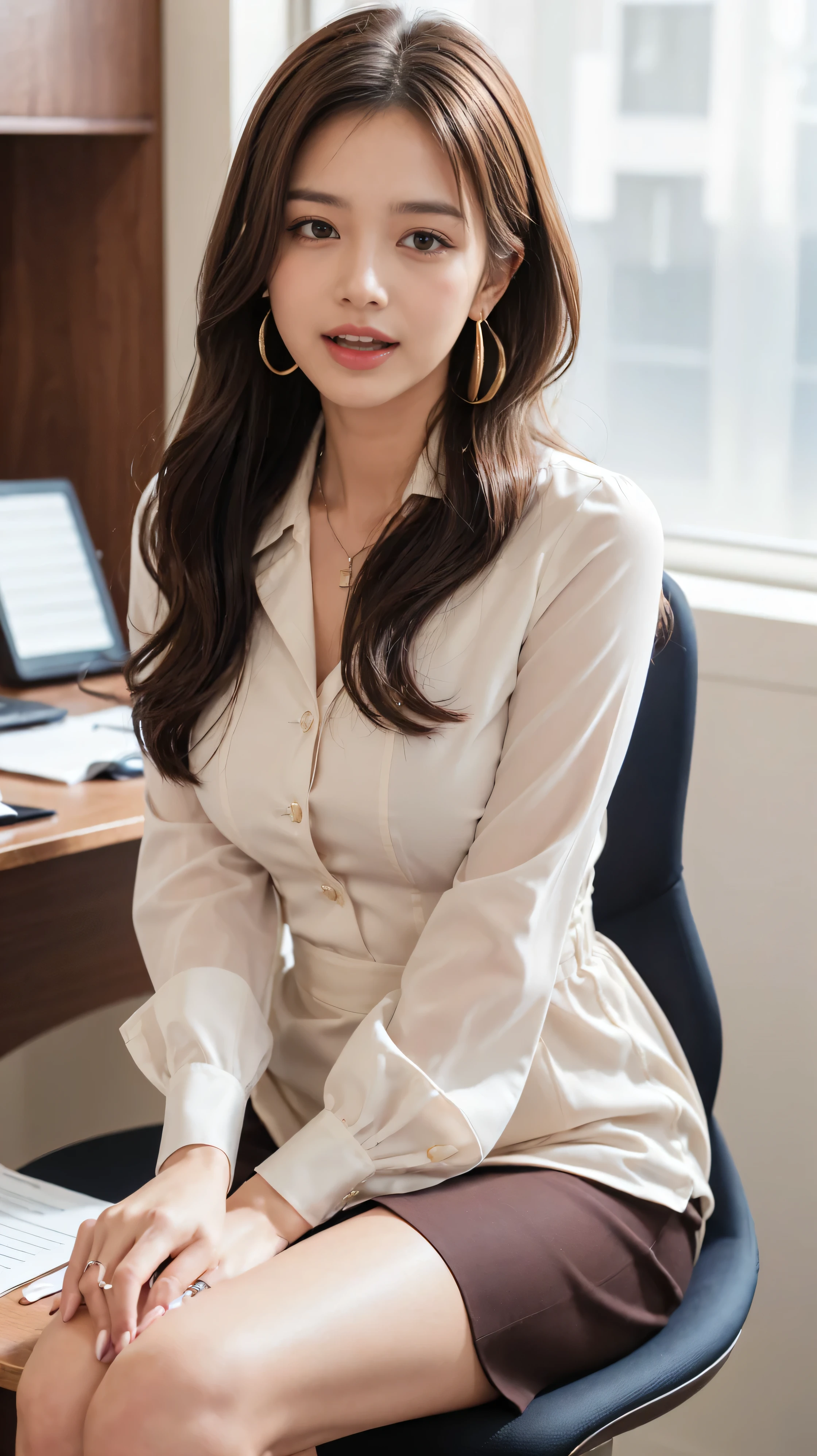 ((highest quality, 8k, masterpiece: 1.3)), 1 girl, smile, whole body, Slim face, Beautiful woman, Medium dark brown hair, White crisp shirt at upper body, The upper body is black straight suit pants, High heels, Highly detailed face, Fine grain, double eyelid, Blurred Background, Slim face, skyscraper, West Shot,((Loosely inward wavy hair:1.2)),((Gold Necklace_Large earrings:1.2)),((Extra long brown hair:1.2))((White long sleeve button up blouse_With collar_Remove up to the second button_Brown pleated mini skirt:1.3)),((look down at the viewer,from below:1.5)),((full figure supermodel standing, entire body in frame))((Skyscrapers look hazy outside the window:1.4)),