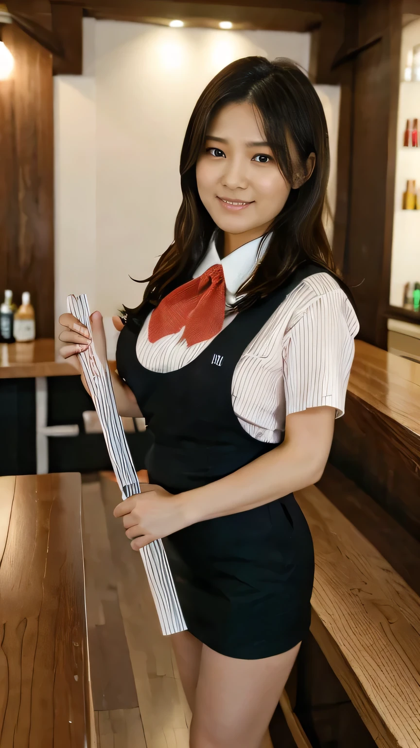  top quality、8k、 masterpiece、 Ultra High Resolution、Clear Photo、 professional lighting、 natural light、 by Nomi、 perfect anatomy、 one woman、:2.0、Big Breasts、saggy breasts:1.1、 beautiful hair、smile、((Star Uniform:1.2))、( black vest:1.3、 short sleeve shirt、 Red Ribbon、 pencil skirt)、( pantyhose)、 sneakers、bar、 is carrying beer