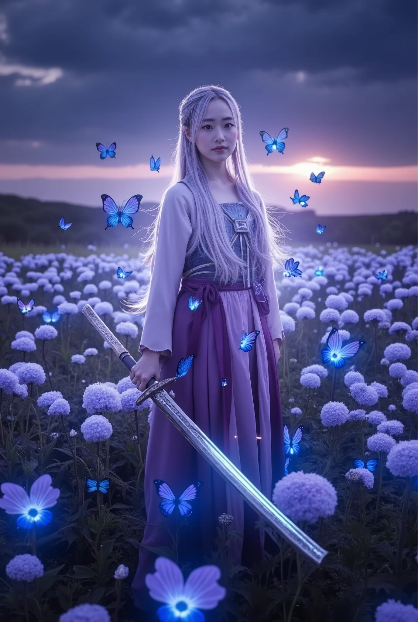 high definition professional photography stylem,natural skin texture.Create a highly detailed, ultra-high-resolution image in anime style featuring a character with long, flowing hair standing amidst a field of glowing flowers. The character is wearing a traditional Japanese outfit and holding a sword. The background should have a dramatic sky with clouds and a setting sun, creating a mystical and serene atmosphere. Surround the character with predominantly blue and purple butterflies to add to the ethereal quality of the scene. The overall mood should be magical and otherworldly.