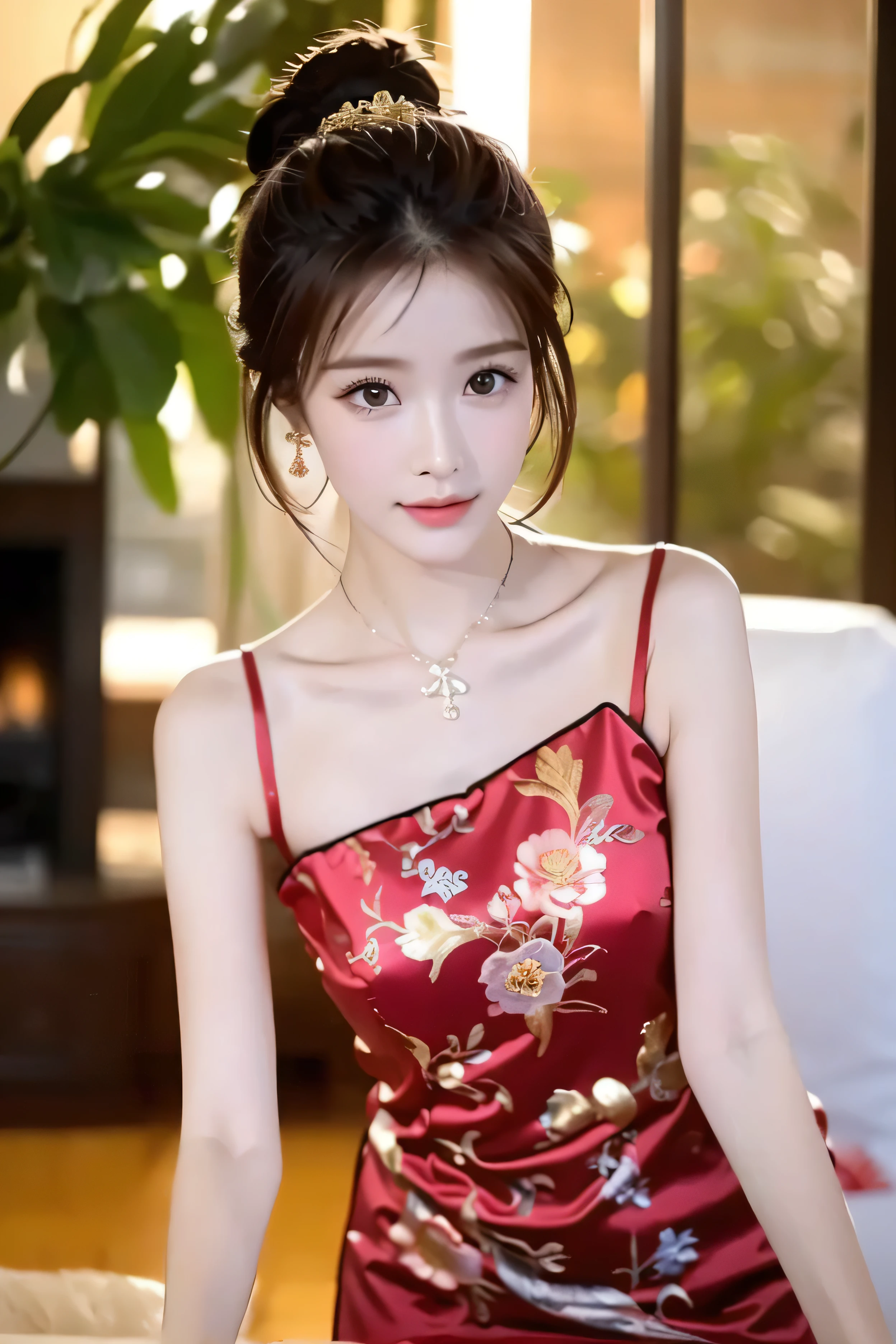 (masterpiece:1.4), (best quality:1.4), ultra high res, ultra high resolution, ((detailed facial features)), HDR, (realistic, photorealistic, photo-realistic:1.37), full body Esbian, sexy Vietnamese model, (-anime), vivid colors, ((vivid colors multicolor (red, fuchsia) very short hair)), (big smile), lip-gloss, long lashes, ultra detailed metallic makeup, defined eyebrows, wearing large sparkling colorful jewelery, wearing a red silk Paradise Kiss cosplay dress with black floral embroidery, ((vivid colors outfit)), vivid colors, look at the camera, cinematic light, large park background with trees, sweet and sexy pose