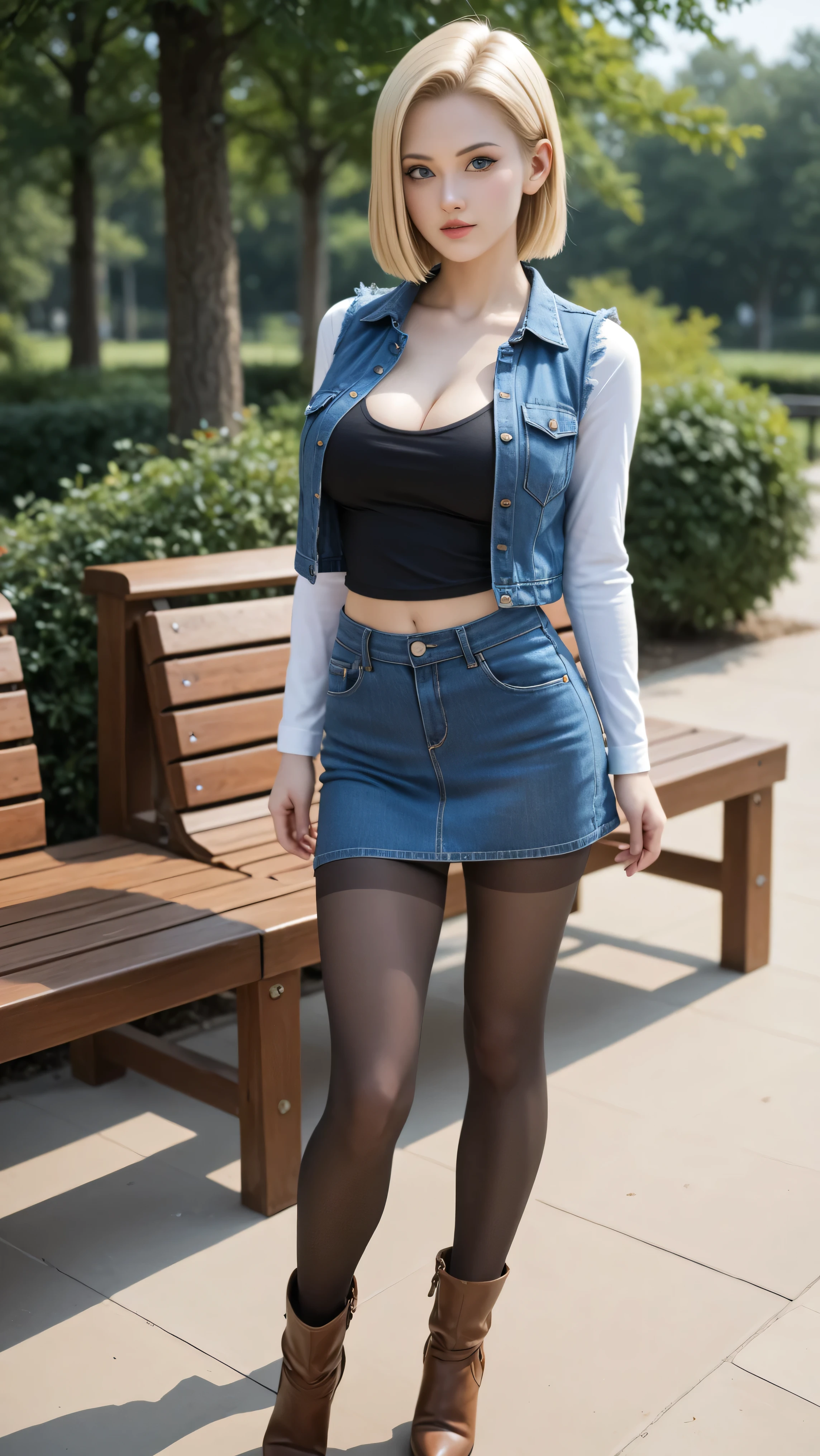 (One girl),  (Android 18), (Standing next to bench), (Blonde hair), (Sexy girl), (She wearing light blonde hair), (Medium length hush cut hair), (Her slender legs and stylish short western cow-girl boots are clearly visible under the mini denim skirt she is wearing),  (She have Very large breasts bouncing), (Wearing a short blue H-line denim skirt), (Wearing a mini short denim vest), (The denim skirt and denim vest colors match), (She Wear long sleeves,  (Long sleeves with black stripes at regular intervals on a white background), (She wears flesh-colored illusion pantyhose), The pantyhose she wears look like brown stockings, She wore pantyhose and wore white panties over them, wearing a women's Western cowboy-belt, wearing women's Western cowboy-boots, wearing a black t-shirt that exposes deep cleavage, No bra, breast areolas outside a black T-shirt, clearly exposed, She winks with her left eye, boldly and fascinatingly winks her left eye and stares at me intently, bed, masterpiece