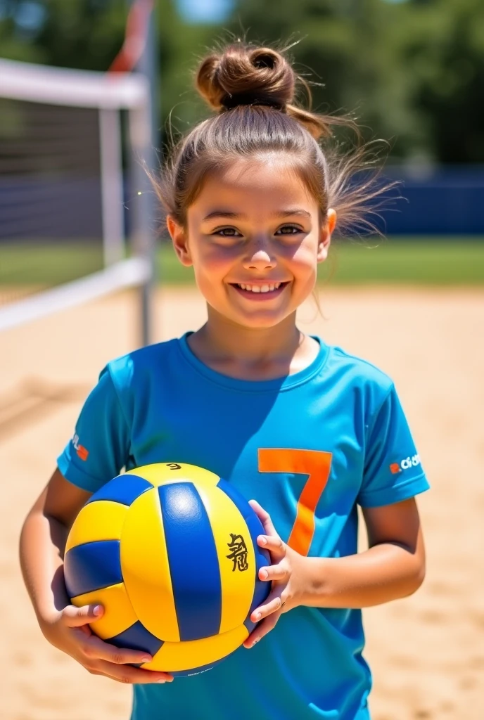 Create and show a picture of a 12-year-old volleyball player hitting the ball, the boy has curly hair, white skin, and a little thin.