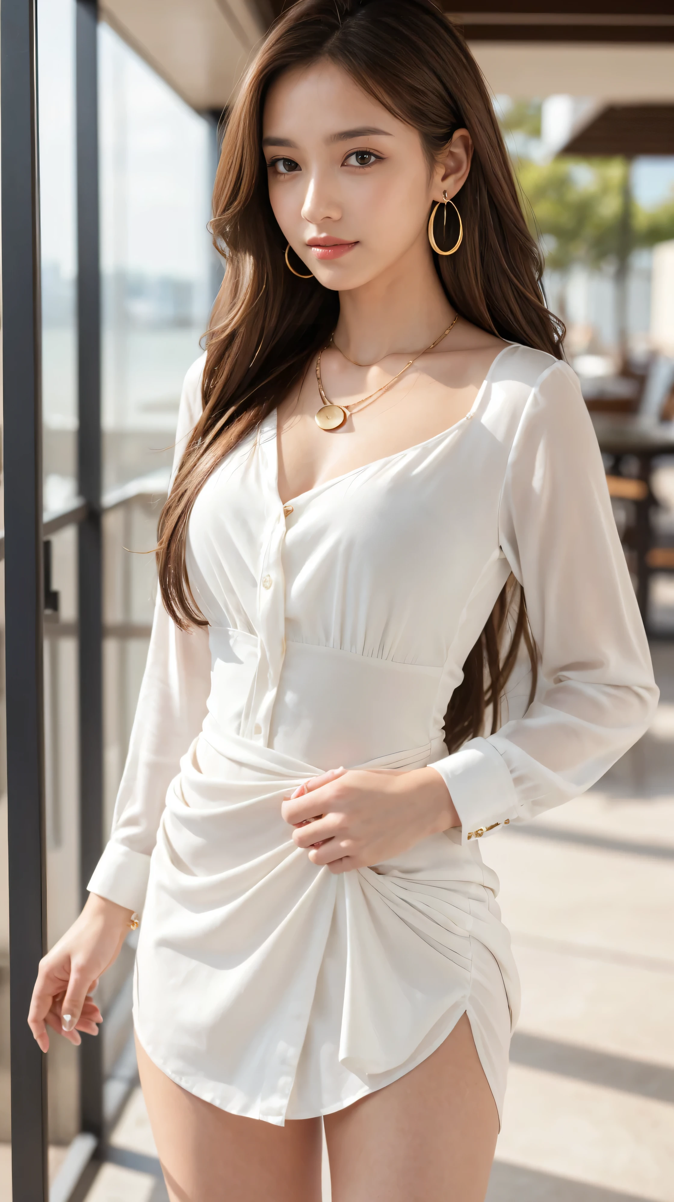 Beautiful detailed face、Pale skin、Realistic glowing skin、Detailed cloth texture、Detailed hair texture、Perfect body、Beautiful Face、correct、Anatomically correct、 Highly detailed face and skin texture、Natural neck length、(Beautiful Hands)、(Fair skin:1.2)、Thin legs、Thin legs、 Break Fine Eyes、Symmetrical eyes、Light brown eyes、double eyelid、Thin eyebrows、(Glossy Lips:1.4)、(blush:1.1)、  (Classy and cute:1.3)、Medium-sized large breasts、(Slim body type:1.1)、Toned Abs、Beautiful clavicle、 (dark blonde、Wavy Hair、Long Hair:1.2)、 ((Asymmetrical bangs:1.2))、(Cowboy Shot:1.2)、((standing gracefully:1.6))、 ((wearing a white shirt mini dress_long sleeves see through sleeves:1.4)、((full figure supermodel standing, entire body in frame:1.6))((Sits on a bar chair by the counter in a seductive pose in a stylish bar at night:1.1))、(())  