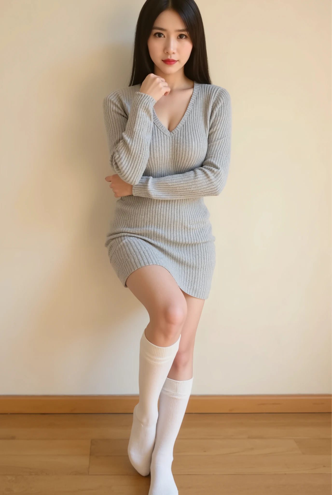 high definition professional photography stylem,natural skin texture.A close-up photograph captures an Asian woman exuding effortless elegance against a plain, light beige wall. Her long, straight black hair frames her fair skin perfectly, creating a striking contrast that draws immediate attention to her serene expression. She wears a snug, grey ribbed dress that fits her figure beautifully, its cozy knit texture emphasized by the soft lighting. The V-neck design and long sleeves extending past her wrists add a touch of understated sophistication, while the hemline falls just above her knees, striking a balance between modesty and modern style. Paired with the dress are white knee-high socks, which lend a youthful charm to her ensemble. Her posture is relaxed yet confident, with her arms crossed over her chest in a casual gesture. One hand lightly touches her elbow, as if caught mid-thought, adding a sense of natural ease to the composition. Her minimal makeup enhances her features subtly, with a hint of pink lipstick drawing focus to her lips, completing her polished yet approachable look. The soft lighting bathes the scene in a warm glow, highlighting not only the smoothness of her skin but also the intricate textures of her ribbed sweater dress and the clean lines of her socks. The wooden floor beneath her feet introduces a natural element to the otherwise minimalist setting, its earthy tones providing a pleasing contrast to the neutral hues of the wall and her outfit. With no distracting background elements, the image remains focused solely on the subject—her attire, posture, and quiet confidence take center stage. This simple yet elegant composition conveys a timeless sense of style and poise, capturing the essence of comfort and grace in equal measure.
