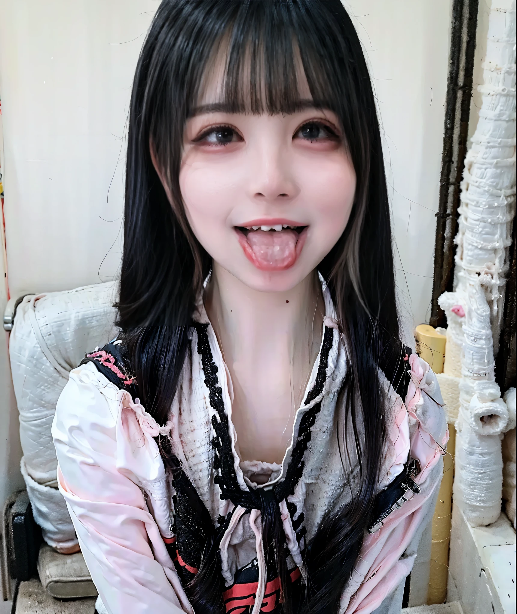 ollarbone,black t-shirt,off-shoulder look,Pink mini skirt,open mouth,tongue out,cum on tongue,Sitting on a black sofa,looking ahead,from above,flont view,face focus,open mouth,tongue out,(1girl,Beautiful 16 year old girl),((Slender,Small breasts,Small face,)),looking at viewer,Black Hair,bangs,straight,Beautiful and detailed,embarrassed,Dimly lit room,Simple Background,Black background,Low lighting