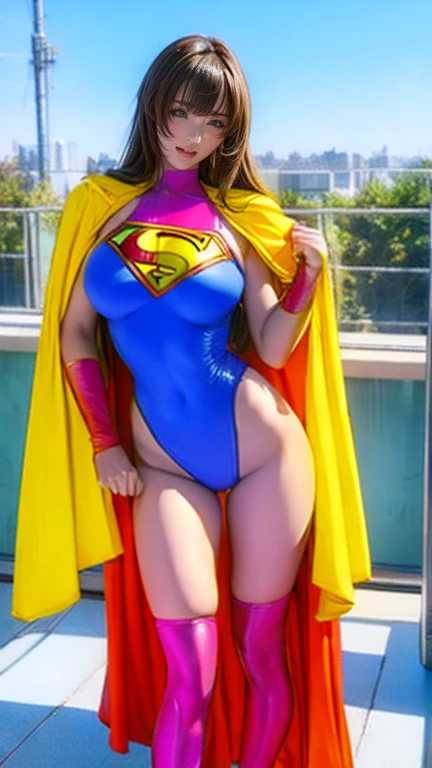 (melhor qualidade,4k,8k,alta resolução,masutepiece:1.2), (lucy Pinder), (BBW MILF), (30 anos), (bunda enorme: 1,9), (brown hair), (seios grandes: 1,9), caminhando na rua de uma cidade, (sexy shiny supergirl costume), (bota branca), (full body photo), sexy, sensual, hot, decotes, bunda enormes. (mesmo personagem, de frente, de lado, de costas), (perfect hands), perfecteyes