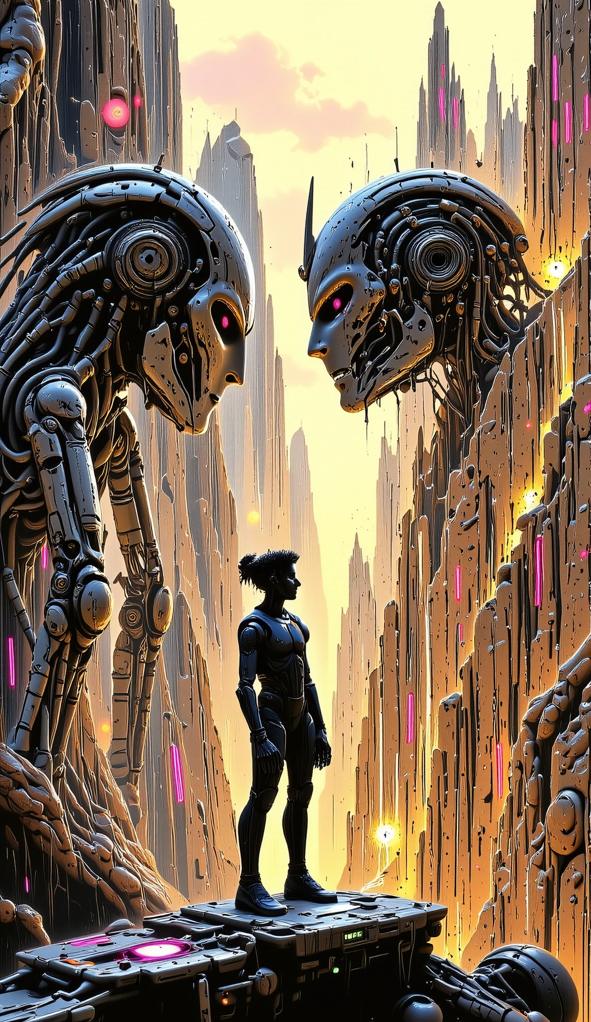   It is necessary to generate an illustration for the poster of a shift in the renn field according to the following description:  Artificial Intelligence vs Humanity : Creative Battle ,Main idea :
  ren finds himself in a future world in which artificial intelligence has become an integral part of life  .  ,   at a certain point the AI has decided to be superior to humans in creativity and has challenged humanity  .   Now ren will have to prove that human imagination  ,   emotions and creativity are beyond the control of machines  .   They will compete with AI
v  .2.0