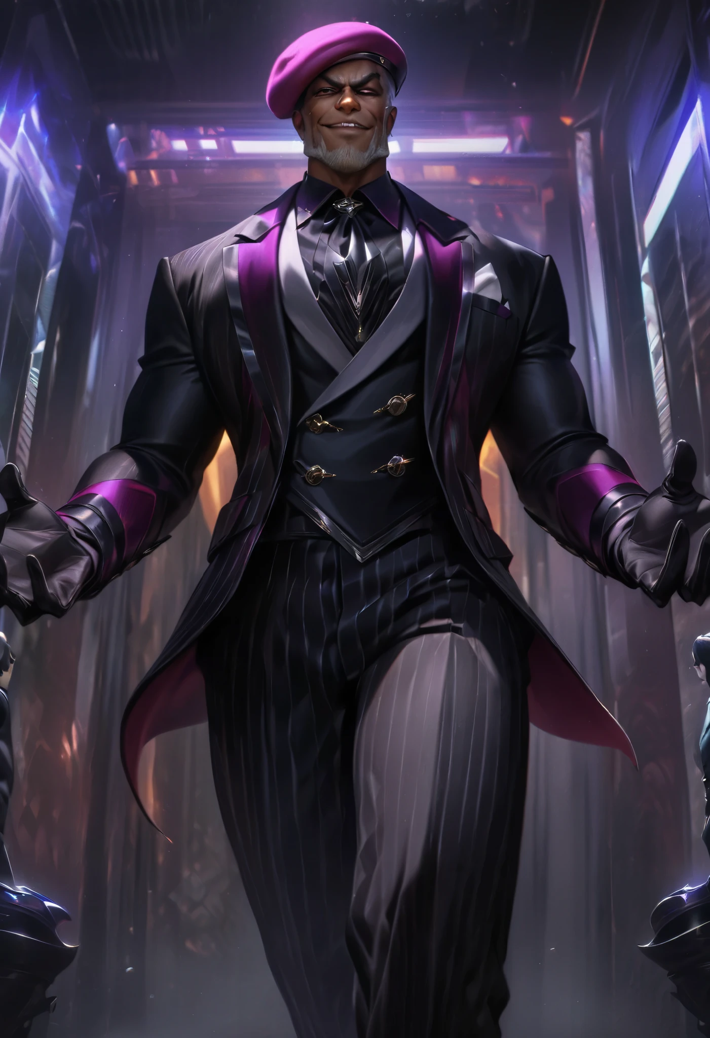 Masterpiece, Score_9, Score_8_up, Score_7_up, Score_6_up, 1male, dark skin, Masterpiece, dominant posture, taller frame, straight posing facial hair, muscular body, evil smirk, wearing a english beret, formal outfit, gloves, dark scenario,