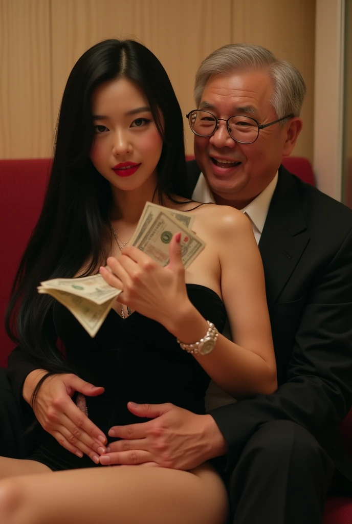 ((((1 korean young girl and 1 old korean man facing each other)))), {1 korean girl, big breasts, strikingly beautiful, delicate facial features, black hair, red lips, erotic pose, expressive eyes, bitter white skin, Release of long shiny black hair, sit in front of a slot machine,inside a casino, casino, Vesper Lynd de Casino Royale, online casino logo, screenshot of a stunning screen, (((playboys bunny bodysuit))), eyes hook the soul seduces you, (black bunny ear hairband), } ,((((70 years old korean man wearing business suit)))), ((((70 years old man hugging korean young girl)))), (focus on korean old man), cowboy shot,