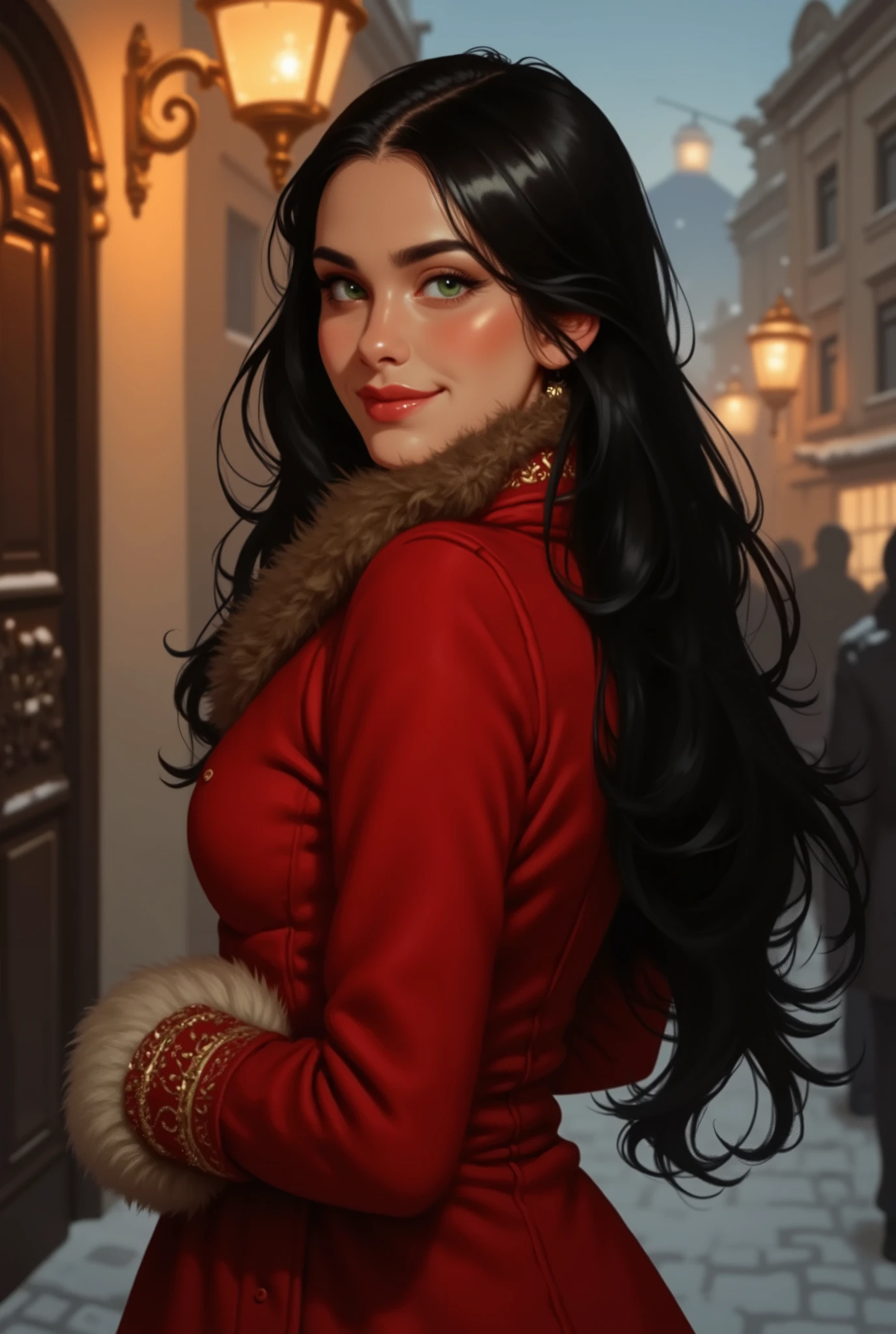A illustration in the rimixa style. Visualize a striking, elegant 38 year old russian woman with timeless beauty and a poised demeanor, embodying classic Russian allure. Her high cheekbones, pale porcelain skin, and deep, almond-shaped emerald-green eyes topped by thin natura brows exude quiet confidence. Her long silky black hair flow freely. She wears a tailored crimson wool coat enhancing her perfect hourglass figure with intricate embroidery at the cuffs, paired with a fur-lined collar and fluffy winter gloves, evoking wintry sophistication. The backdrop is a snow-dusted St. Petersburg street at twilight, golden lantern light reflecting off cobblestones. Her expression carries a warm yet enigmatic smile with light dimples, subtle laugh lines and delicate commissure wrinkles hinting at a life rich with stories, while her posture radiates grace. Soft, diffused lighting highlights her regal features, with a hint of frost clinging to her scarf. Style: Romantic realism with extremely detailed textures, blending cultural heritage and quiet strength. She is seen from behind and turns around to look at the viewer with a seductive smile.