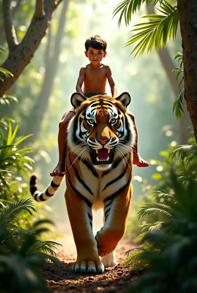 Create a picture of this boy siting on tiger