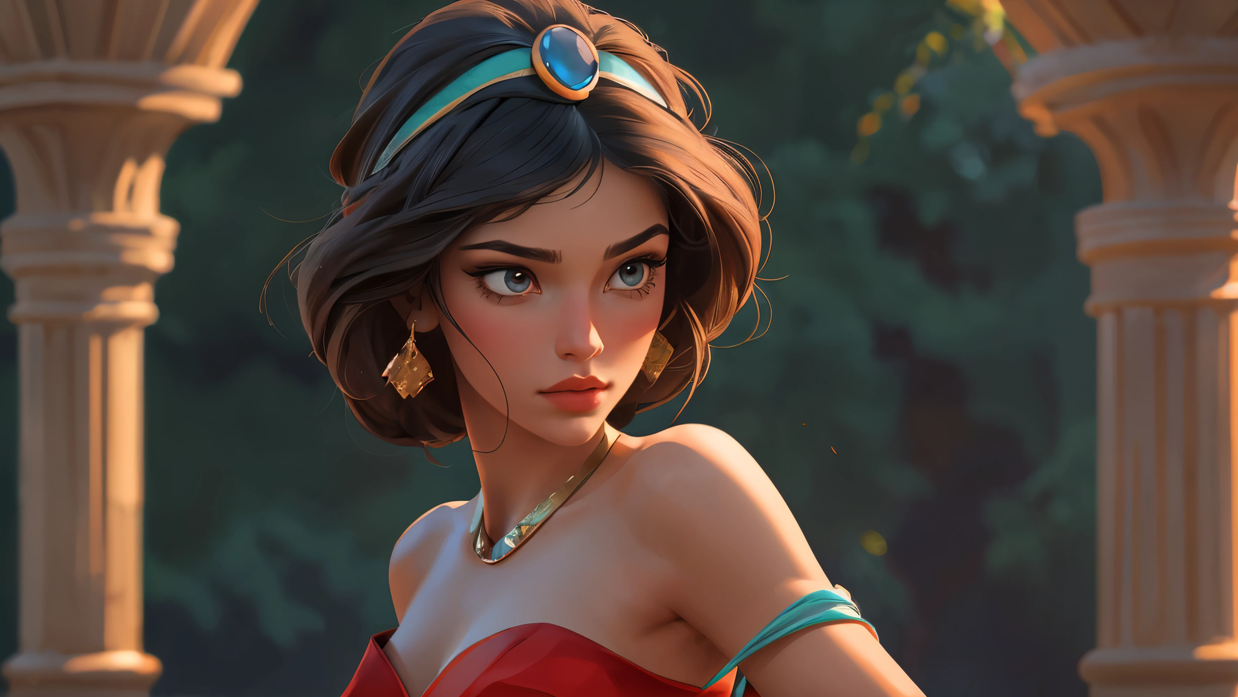 solo Jasmine in aladin, wear red dress, dance, hot, ((detailed)), ((best quality)), ((masterpiece)), extremely detailed CG unity 8k wallpaper, 32k, focus sharp, photo of perfecteyes eyes, perfecteyes eyes, Masterpiece, raw, beautiful art, professional artist, 8k,