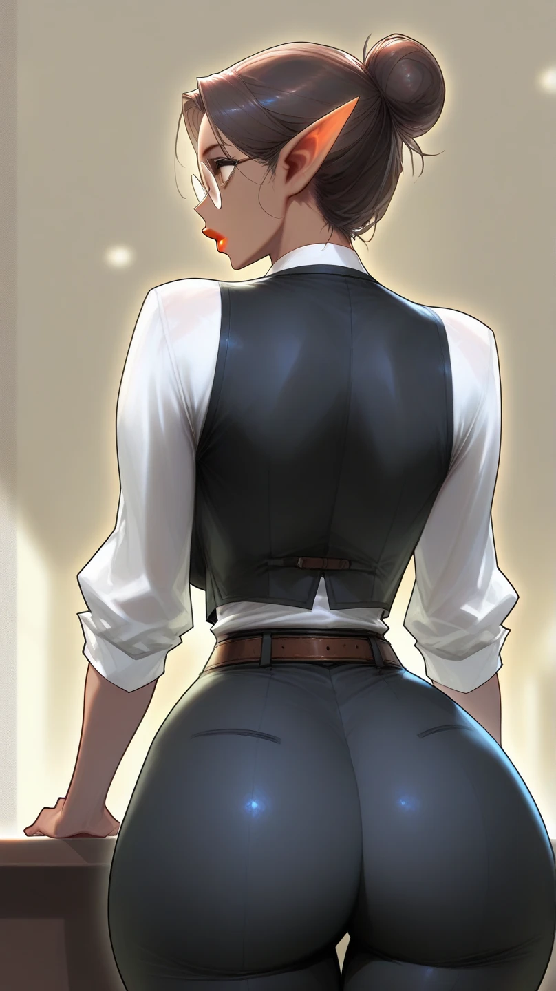 masterpiece, Score_9, Score_8_up, Score_7_up, rear view, 1 woman, alone, dark black hair, very short hair, long parted bangs, gold and orange eyes, half-closed eyes, parted lips, expressionless, pale skin, large breasts, top bodysuit, Basic black sleeveless V-neck shirt, black flannel pants, high heels, long open bangs, with a mole below the mouth, cut-out style (boy), No bangs.