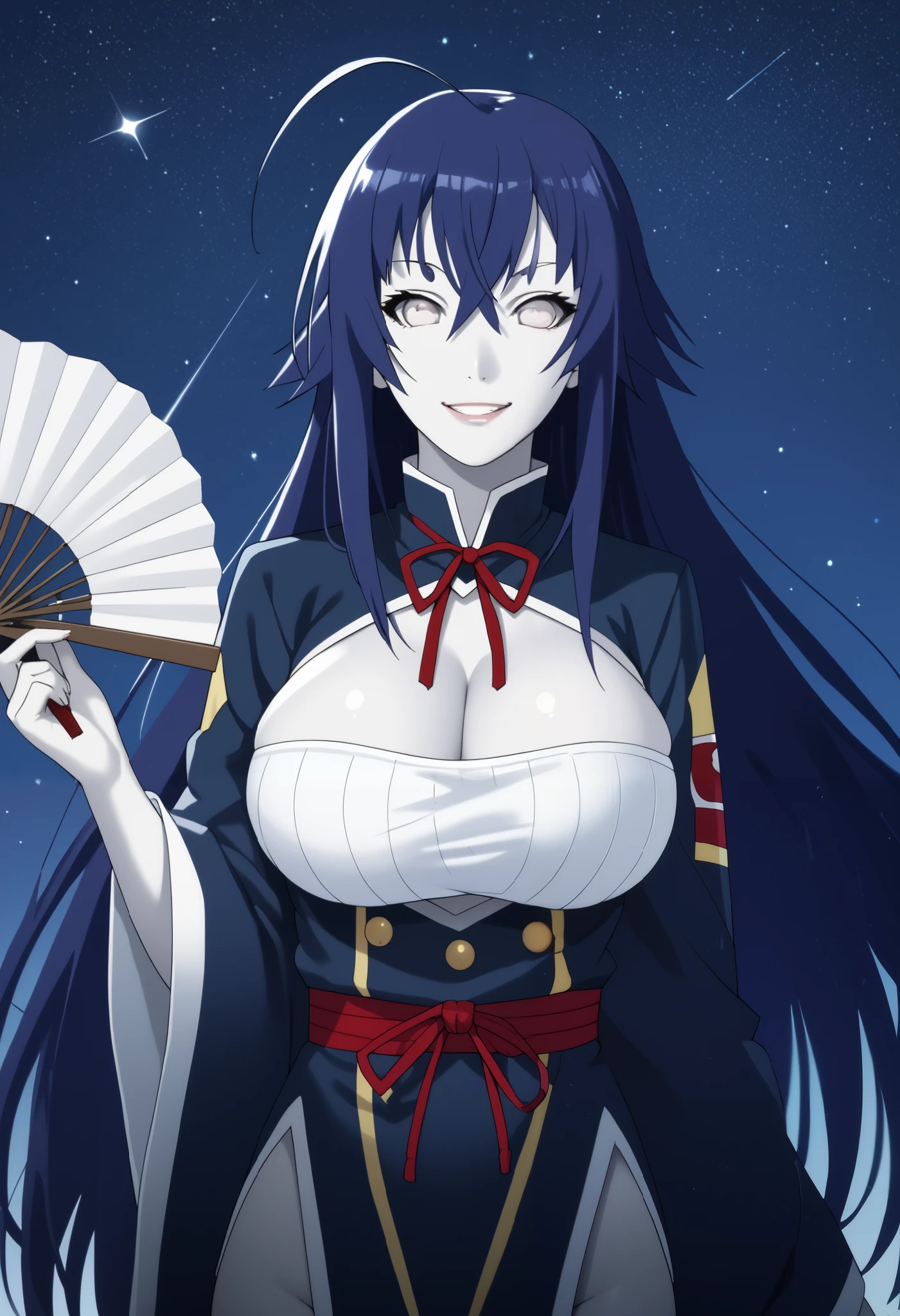 score_9, score_8_up, score_7_up, holding a fan, 1girl, solo, smile, blue hair, white skin, medaka kurokami, short eyebrows, white eyebrows, white eyes, Outsusukification, otsutsuki, pale skin long hair, huge breasts, ahoge, cleavage cutout, red ribbon, blue thighhighs, night, stars, cowboy shot