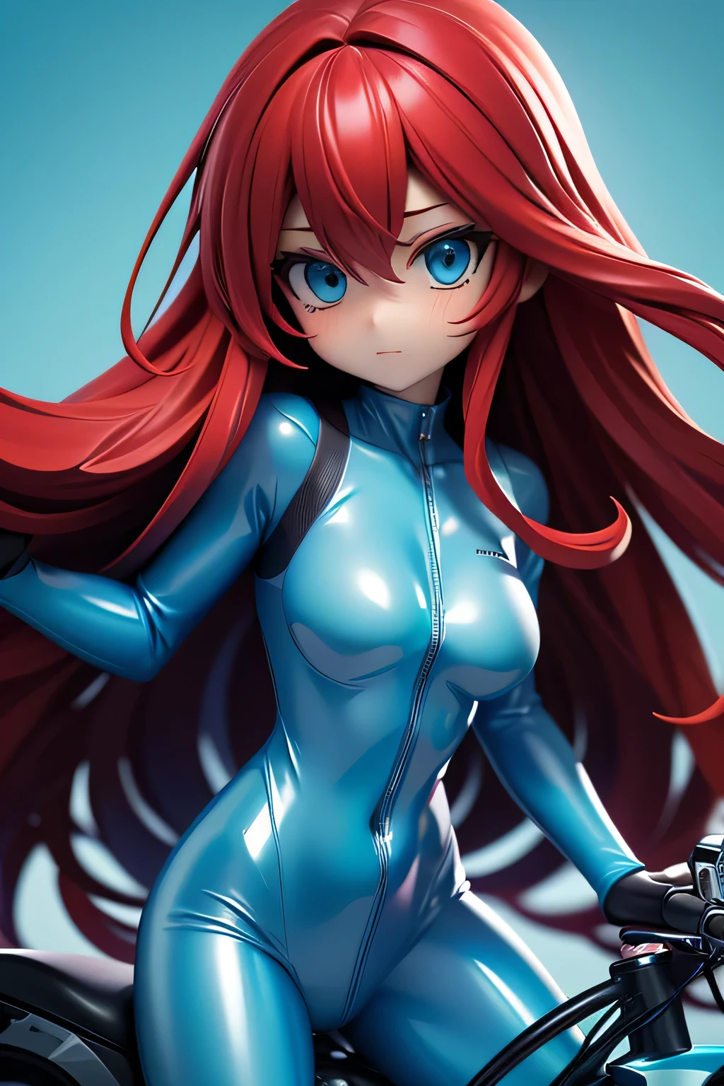 perfect anatomy top quality, highest resolution,(((shiny light blue rider suit bodysuit shiny skin around Shiny Red Hair long hair blue eyes))) fighter Bike