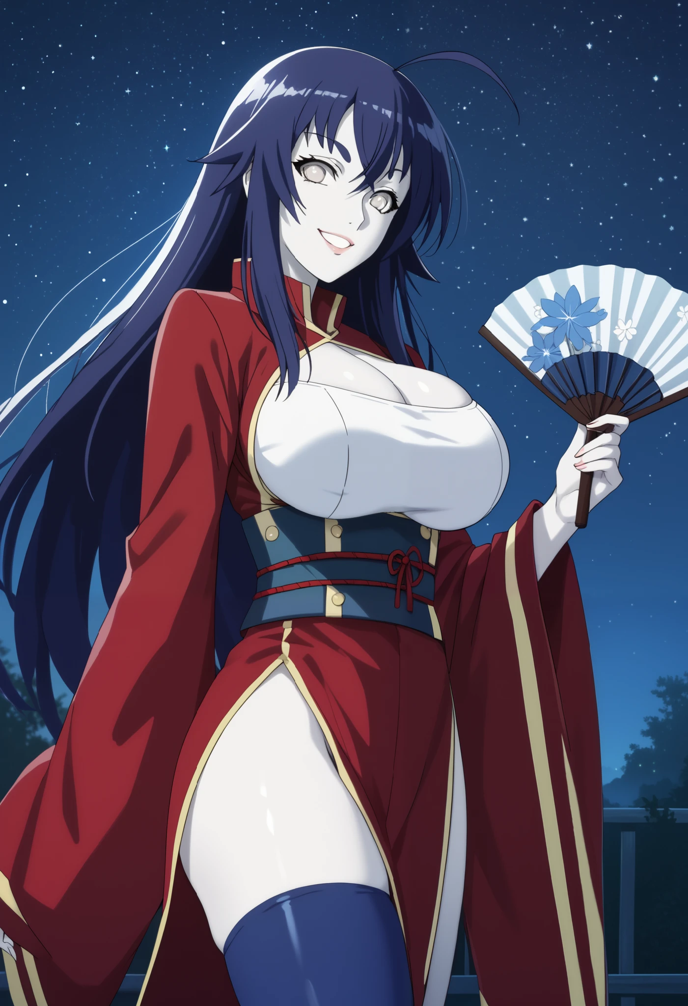 score_9, score_8_up, score_7_up, holding a fan, 1girl, solo, smile, blue hair, white skin, medaka kurokami, short eyebrows, white eyebrows, white eyes, Outsusukification, otsutsuki, pale skin long hair, huge breasts, ahoge, cleavage cutout, red ribbon, blue thighhighs, night, stars, cowboy shot
