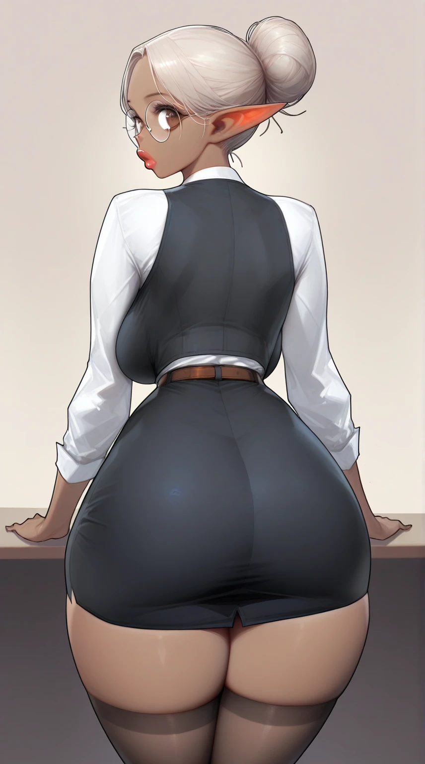 Gorgeous woman, elf, big lips, long ears, big eyes, brown eyes, hair bun, large breasts, large thighs, narrow waist, white shirt, black vest, black pencil skirt, black stockings, brown belt, round glasses, dark skin, back view , leaning on table 