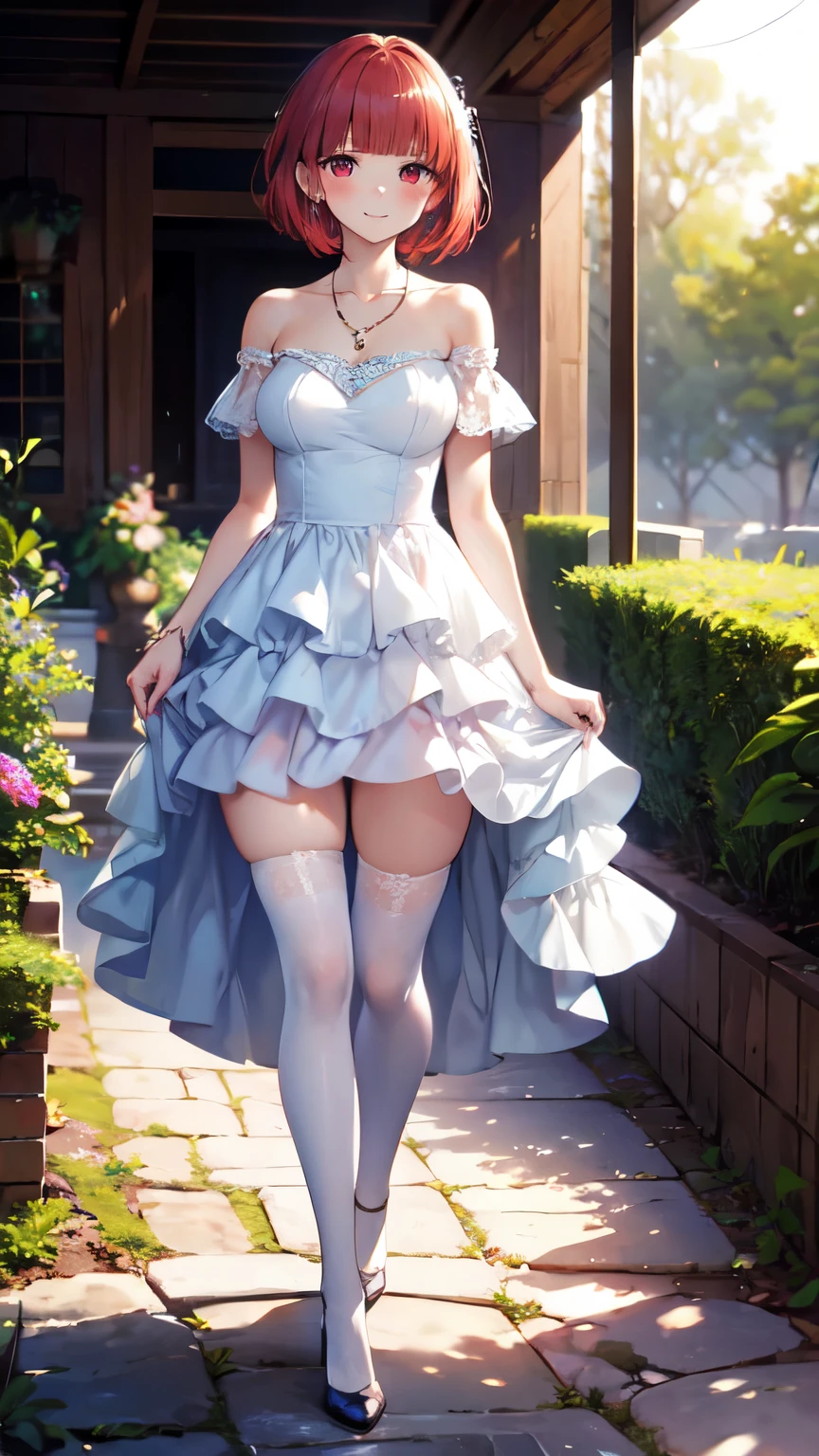 anime, beautiful face, highly detailed face, 2 accurate legs detailed eyes, highly detailed background, perfect lighting, accurate arms, accurate hands, accurate fingers, full body, 1girl, solo, ruby hoshino, oshi no ko, indoors, detailed heels, white detailed thighhighs, outdoor, ina garden of flowers, absurdres, high res, ultrasharp, 8K, masterpiece, looking at viewer, elegant pose, (full body:1.4), smiling with compassion, teasing smile, detailed dress, patterned wedding dress, cleavage, standing, holding a bouquet of flowers in one hand