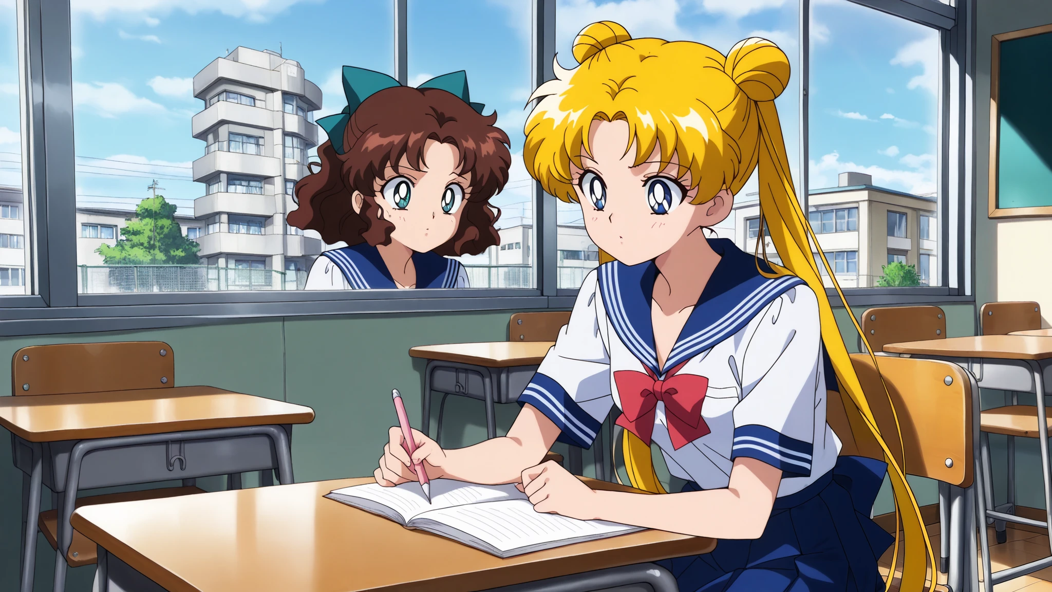 masterpiece, best quality, very aesthetic , ultra detailed, seductive, locking at object, brown hair, medium hair, wavy hair, one bun, teal hairbow, teal eyes, summer sera fuku, blue skirt, small breasts, school room, desk, window, chair, tokyo, detailed background, intricate details, day, anime style, (ultra sharp, beautiful detailed face, dynamic shadows, Super Detailed, extremely detailed face) and friend, BREAK, (aausagi, blonde hair, double bun, twintails, long tails, blue eyes, summer sera fuku, blue skirt, red bow), sit and study