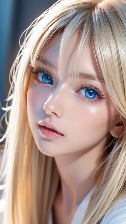 A perfectly beautiful face、Super long messy silky beautiful blonde、Beautiful cute girl 15 years old、Sexy and very beautiful cute face、Beautiful cute sexy bright pale sky blue big eyes、Long beautiful bangs、Very super long beautiful blonde shiny silky hair、Very white skin、Cheek gloss、Glossy Skin、eyeliner、A peerless beauty、Hair above the eyes、片Hair above the eyes、Hair between the eyes、