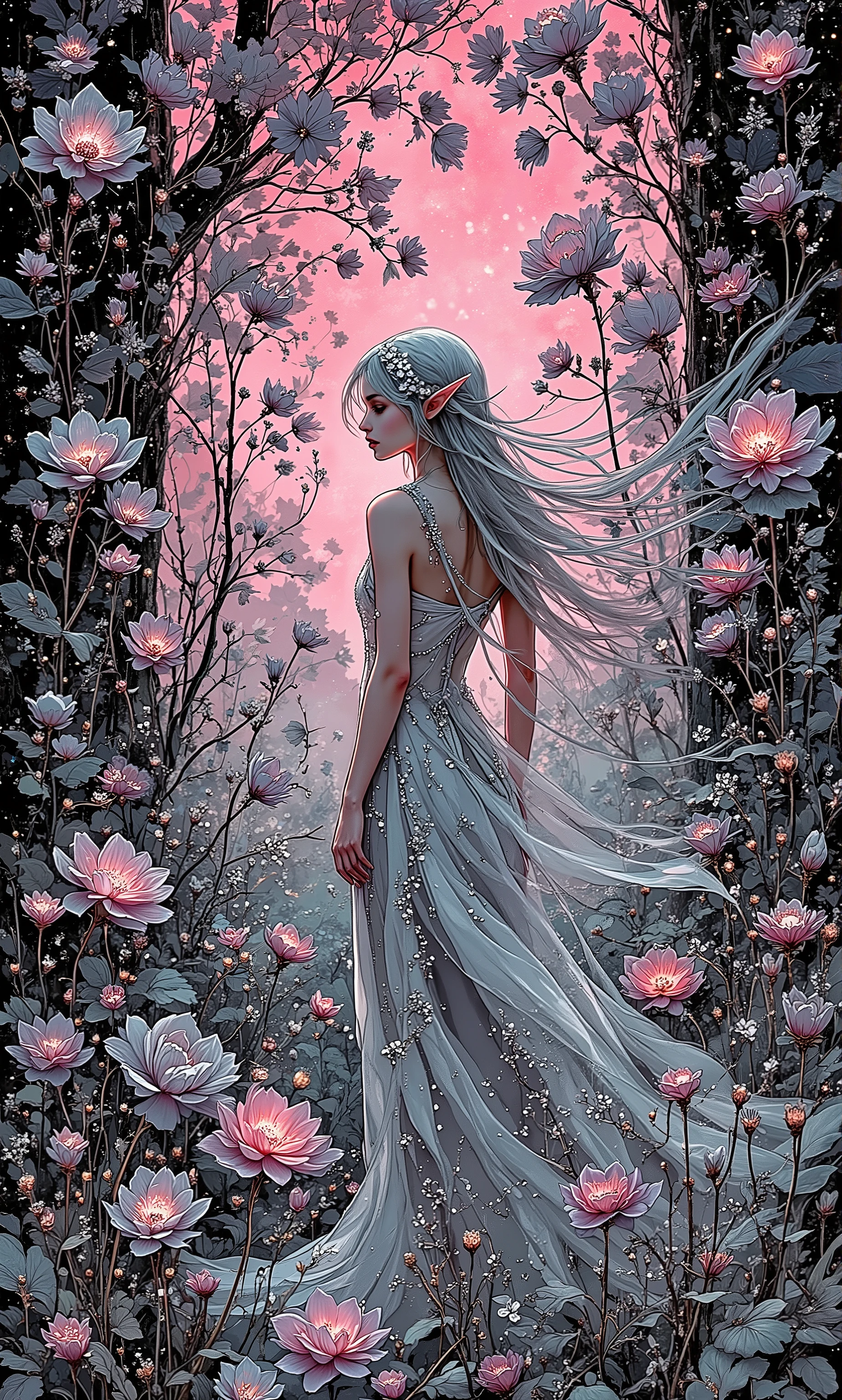 A detailed fantasy art drawing, in the style of Anna Dittmann, depicts an ethereal elven woman with elegantly pointed ears, a flowing veil, and delicate silver flowers woven into her long, wind-swept hair. She is surrounded by tall, enchanted flowers and glowing mystical grass that shimmer with soft magical light. The background features an ancient craquelure texture, resembling the worn pages of an old spellbook. The color palette transitions through a mesmerizing gradient of black, pink, and white, enhancing the dreamlike atmosphere. The artwork is intricately detailed with a decoupage effect, exuding elegance and fantasy charm. --ar 9:16 --style fantasy art, detailed, Anna Dittmann, drawing, decoupage, craquelure, black, pink, white, ethereal, intricate, elegant, highly enhanced, dramatic light, sharp focus, illuminated background, divine, mystical, artistic, attractive, romantic, stunning, magical, pure, delicate, creative, flowing, shimmering, unique, scenic.  