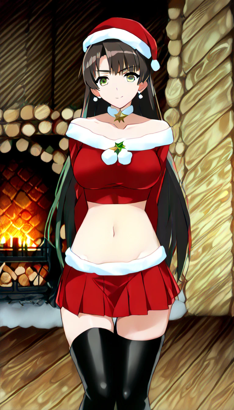 una hermosa mujer con cabello largo y oscuro, con un cuerpo perfecto, (perfect buttocks), Hermosos ojos rojos brillantes, identical to (Kurenai Yuhi), wearing very sexy and revealing red lingerie with Christmas decorations. Ella posa sexy en el suelo sobre una alfombra., in a heroic festive Christmas photoshoot, with a background that includes a decorated Christmas tree and sparkling lights. La escena es de noche y hay nieve suave cayendo alrededor.. Lighting is warm and welcoming., highlighting the details of the clothing and the Christmas atmosphere. El estilo de la imagen es realista y detallado., capturing the joy and festive spirit of the season.