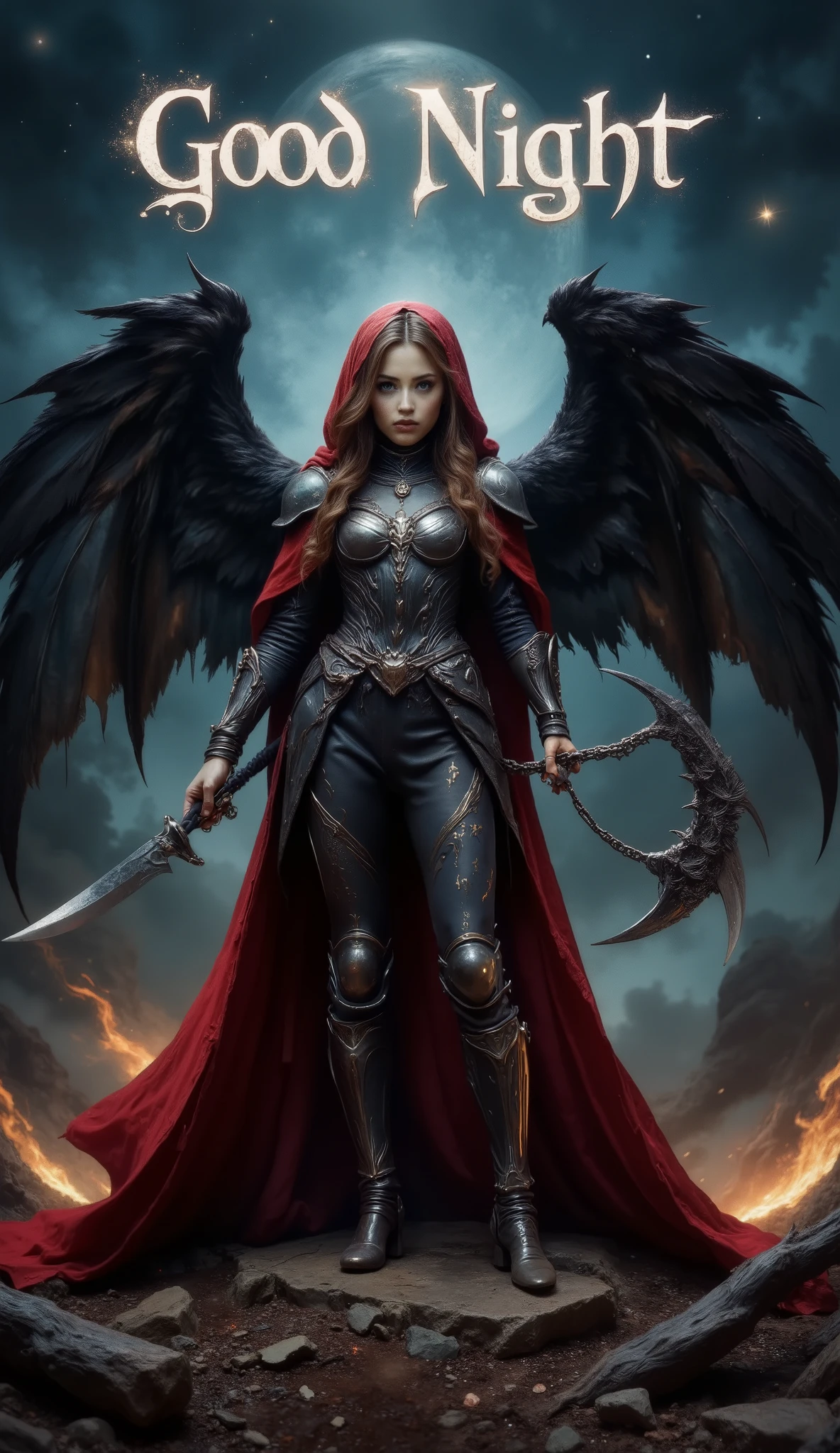 (best quality, 128k,highres,masterpiece:1.2),ultra-detailed,(realistic,photorealistic,photo-realistic:1.37), ((masterpiece)) ((photography)) ((Highest quality)) Dark fantasy illustration of a mysterious fallen angel with large black feathered wings, standing in a desolate landscape under a moonlit sky. She wears intricate gothic armor with silver engravings and a tattered red cape flowing in the wind. Her long, wavy brown hair cascades under a shadowed hood, partially covering her piercing gaze. She holds a deadly chained scythe, its sharp blade gleaming under the dim light. The background features a dramatic contrast between the glowing embers of a battlefield and a deep blue starry night, creating a mystical and ominous atmosphere. The words "Good Night" appear in an elegant glowing font, subtly integrated into the scene, blending with the ethereal mist around her.
