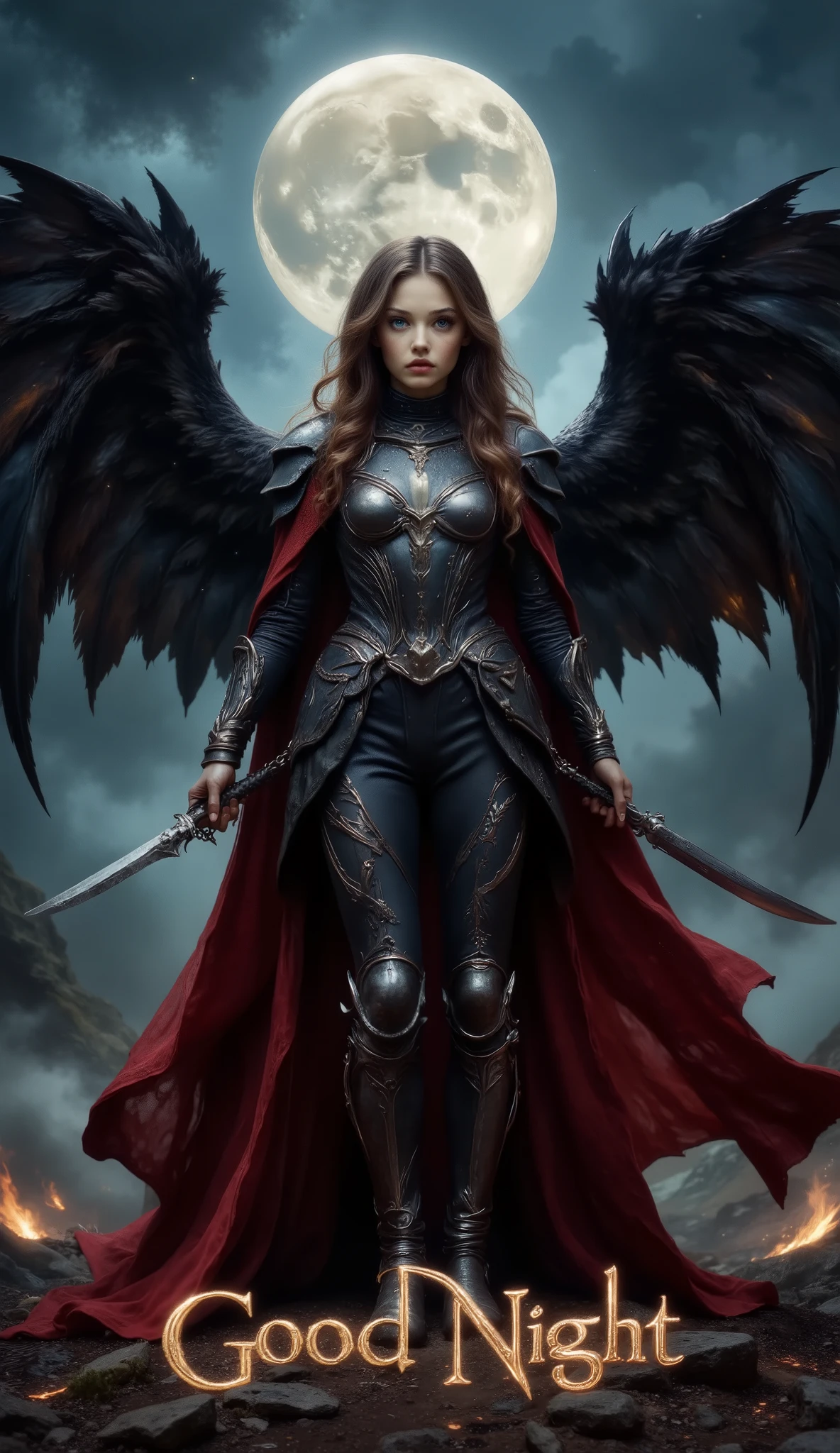(best quality, 128k,highres,masterpiece:1.2),ultra-detailed,(realistic,photorealistic,photo-realistic:1.37), ((masterpiece)) ((photography)) ((Highest quality)) Dark fantasy illustration of a mysterious fallen angel with large black feathered wings, standing in a desolate landscape under a moonlit sky. She wears intricate gothic armor with silver engravings and a tattered red cape flowing in the wind. Her long, wavy brown hair cascades under a shadowed hood, partially covering her piercing gaze. She holds a deadly chained scythe, its sharp blade gleaming under the dim light. The background features a dramatic contrast between the glowing embers of a battlefield and a deep blue starry night, creating a mystical and ominous atmosphere. The words "Good Night" appear in an elegant glowing font, subtly integrated into the scene, blending with the ethereal mist around her.