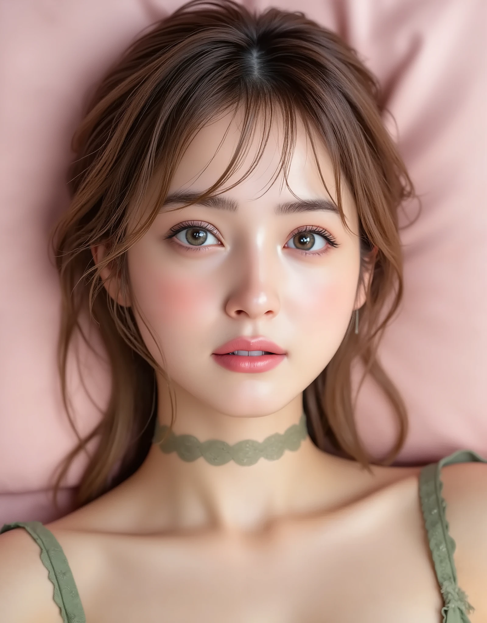 NSFW, (Highest quality), (Ultra-precise CG 16K wallpaper), (Realistic), (High saturation), (Sharp), Beautiful detailed shading, Beautiful natural lighting, Beautiful detailed glow, (Afternoon sunlight), Natural light, Depth of field, (Mature 24 year old woman, One person), (Very beautiful Japanese face), (Sasaki Nozomi), (Soft wavy long hair with bangs), (Shiny blonde), (Sparkling eyes), (C cup size breasts, cleavage), (Beautiful breasts), (Beautiful legs), (Beautiful skin), (Anatomically correct vertical belly button, Not a protruding belly button), Beautiful proportions, (Half-open mouth, Crying face: 1.8), (looking at me), (Moss green lace bikini lingerie, garter stockings), (Wearing a lace choker), (Lying on her back on a bed), (Bed and cushions with pink sheets), (Full screen image), (Angle from the woman's head to her thighs), (An image of a woman seen from above), (A woman lying on her back on a bed with pink sheets),
