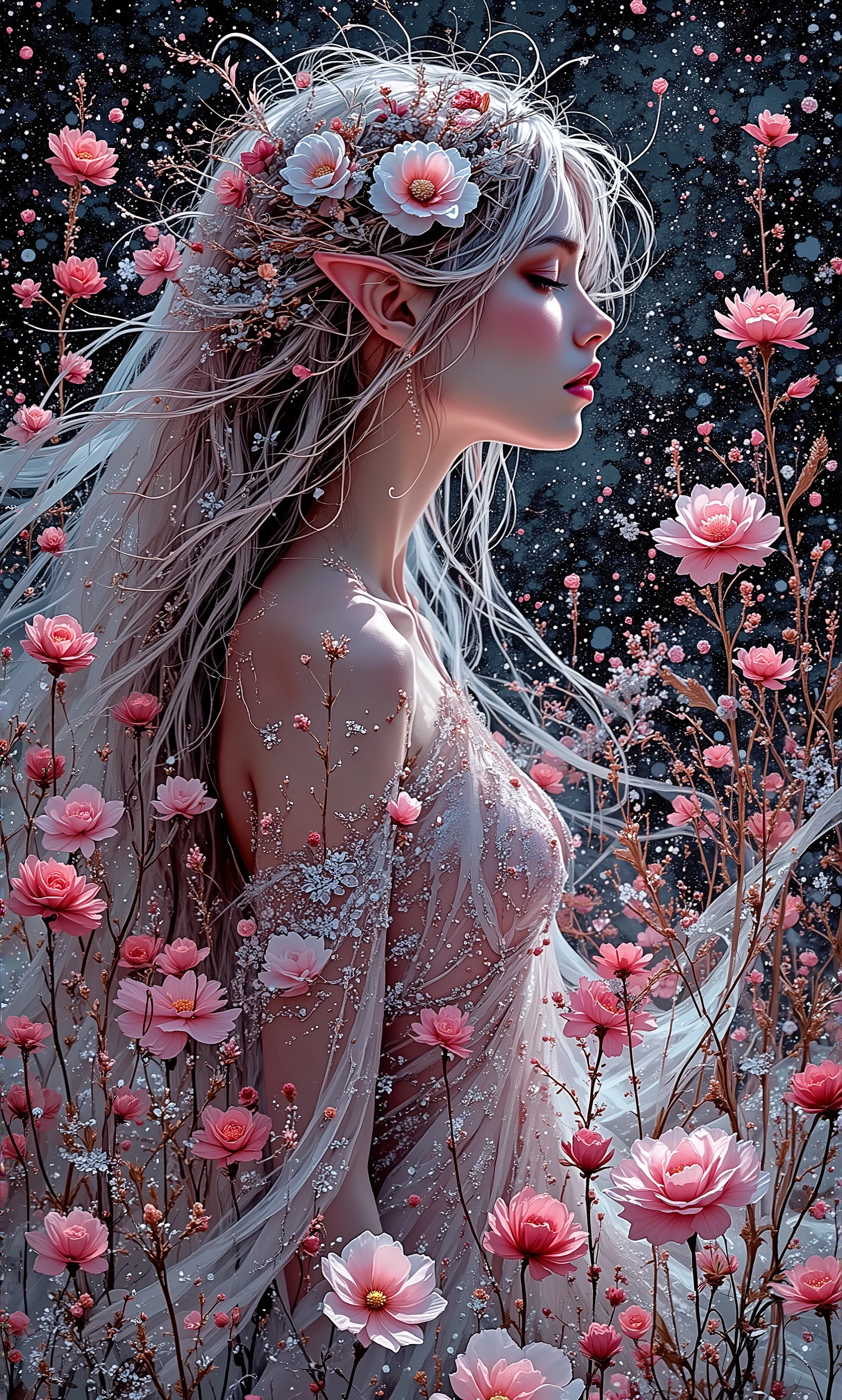A detailed fantasy art drawing, in the style of Anna Dittmann, depicts an ethereal elven woman with elegantly pointed ears, a flowing veil, and delicate silver flowers woven into her long, wind-swept hair. She is surrounded by tall, enchanted flowers and glowing mystical grass that shimmer with soft magical light. The background features an ancient craquelure texture, resembling the worn pages of an old spellbook. The color palette transitions through a mesmerizing gradient of black, pink, and white, enhancing the dreamlike atmosphere. The artwork is intricately detailed with a decoupage effect, exuding elegance and fantasy charm. --ar 9:16 --style fantasy art, detailed, Anna Dittmann, drawing, decoupage, craquelure, black, pink, white, ethereal, intricate, elegant, highly enhanced, dramatic light, sharp focus, illuminated background, divine, mystical, artistic, attractive, romantic, stunning, magical, pure, delicate, creative, flowing, shimmering, unique, scenic.