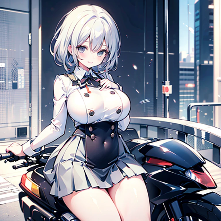 ((masterpiece, highest quality:1.2)),cowboy shot,1woman,20 year old beauty,solo,((very small head)),short hair,messy hair,light blue hair,blue eyes,blunt,((very long and slender body)),toned body,skinny,medium breasts,shiny skin,oily skin,blush,smile,Red rider's jacket、 White tight dress、white_thighhighs,Ride a motorcycle、on road,Big cities、Cyberpunk World、