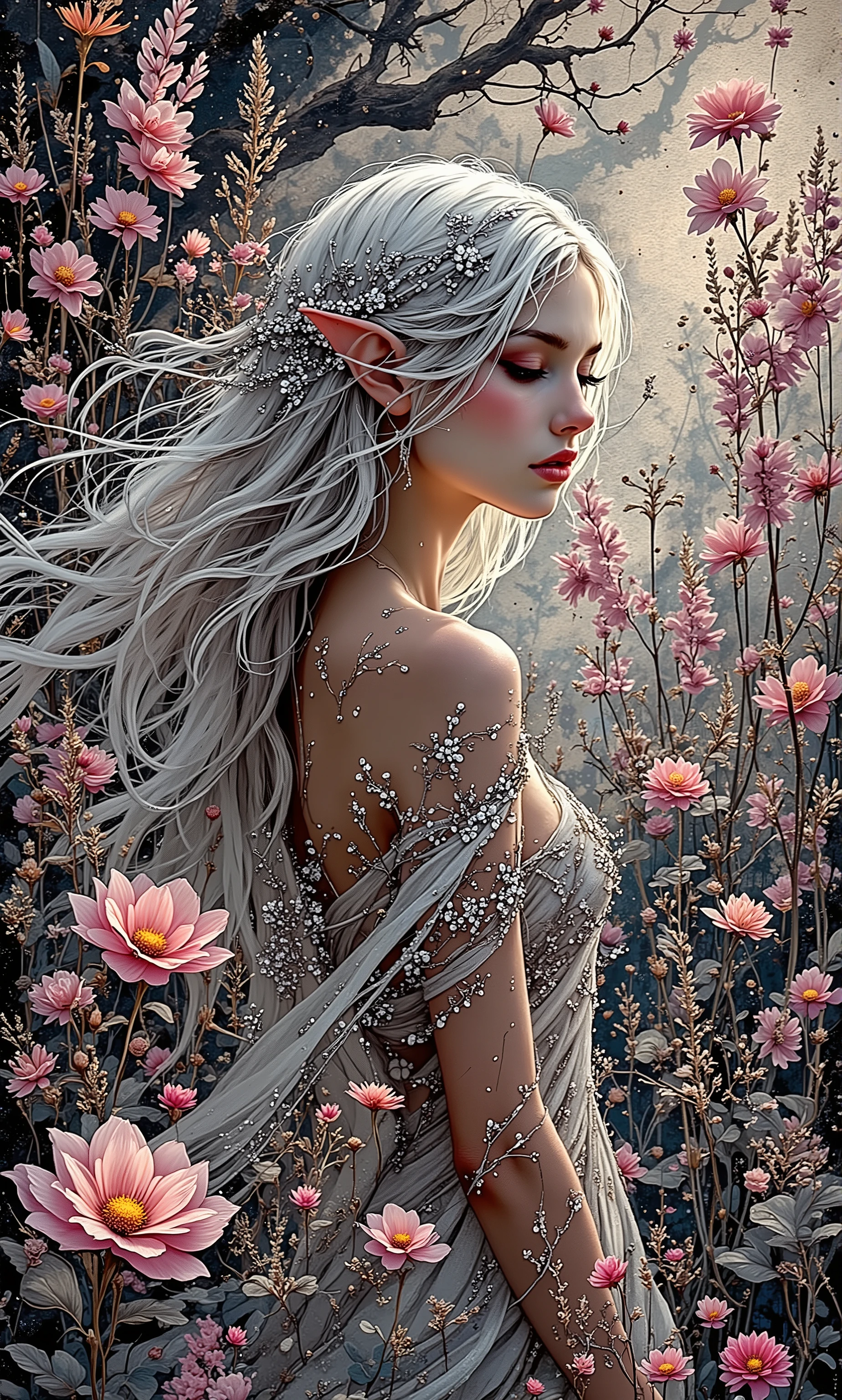 A detailed fantasy art drawing, in the style of Anna Dittmann, depicts an ethereal elven woman with elegantly pointed ears, a flowing veil, and delicate silver flowers woven into her long, wind-swept hair. She is surrounded by tall, enchanted flowers and glowing mystical grass that shimmer with soft magical light. The background features an ancient craquelure texture, resembling the worn pages of an old spellbook. The color palette transitions through a mesmerizing gradient of black, pink, and white, enhancing the dreamlike atmosphere. The artwork is intricately detailed with a decoupage effect, exuding elegance and fantasy charm. --ar 9:16 --style fantasy art, detailed, Anna Dittmann, drawing, decoupage, craquelure, black, pink, white, ethereal, intricate, elegant, highly enhanced, dramatic light, sharp focus, illuminated background, divine, mystical, artistic, attractive, romantic, stunning, magical, pure, delicate, creative, flowing, shimmering, unique, scenic.  