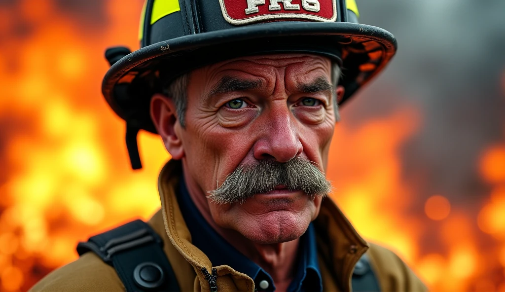 realistic firefighter with a mustache close-up, hell in the background.