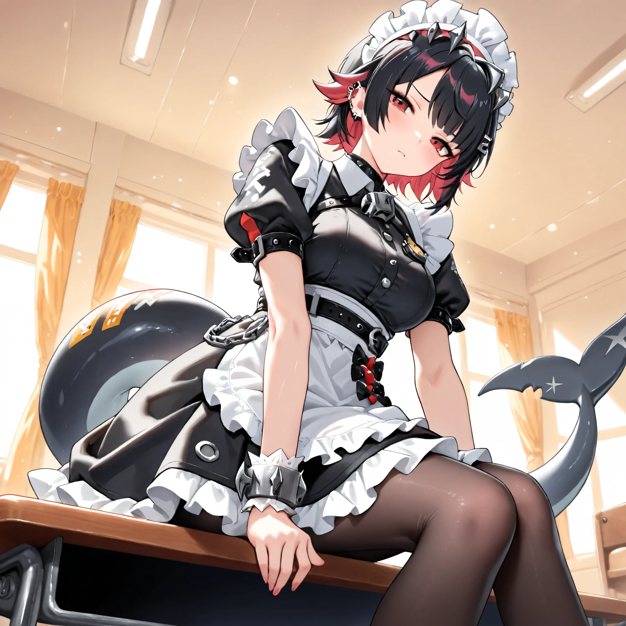 (zenless zone zero), \(ellen joe\), shark tail, from below, cowboy shot, sole, very cute face, maid costume, cool girl, Disgustful expression, headdresses, apron, sitting on desk, (best quality,4k,8k,highres,masterpiece:1.2),ultra-detailed,intricate details, high fashion, dramatic lighting, warm colors, chiaroscuro,whitetentacleslime