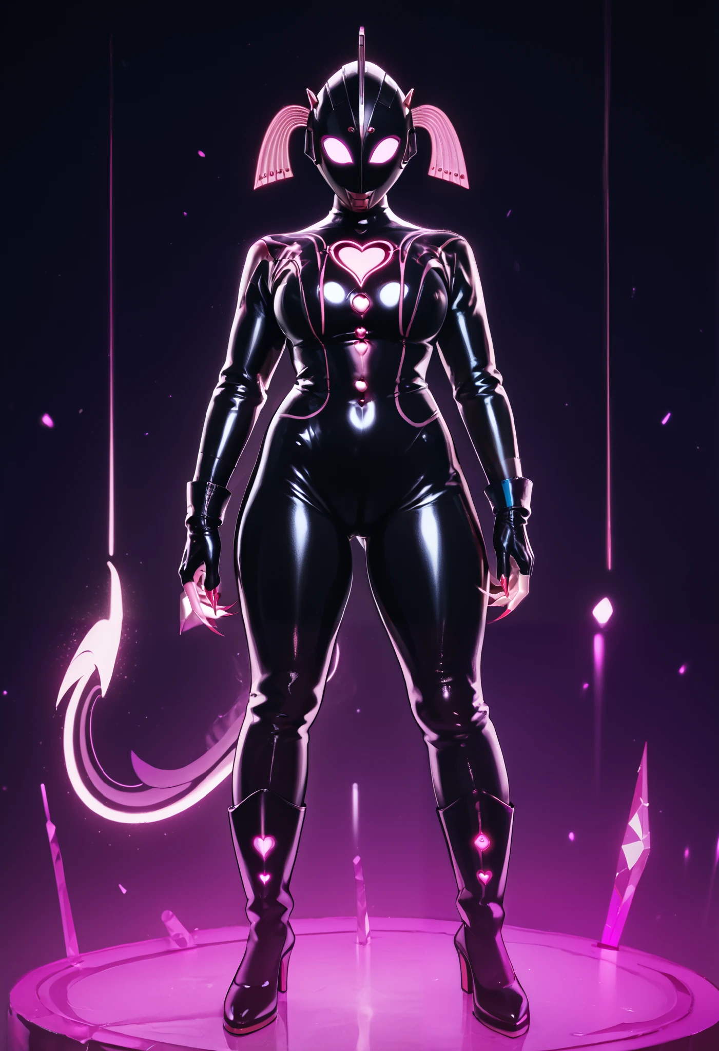 Ultra's dark mother . ( High Quality )(Gloss)(( black face and red eyeliner ))(Black and purple color theme. Black Helmet. full face helmet . Pink Line. Purple glowing machine eyes . has her whole body covered in a black bodysuit. thick legs. Spike decoration. Pink Line all over the body. heart tattoo . purple eyes. Pink glowing crystal. Pink sharp claws. night background.
