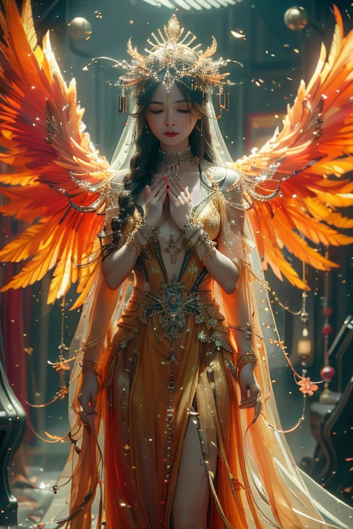 Epic CG masterpiece, a woman dressed in an angelic outfit in chains, delicate face, hdr,dtm, full ha,8K, ultra detailed graphic tension, dynamic poses, stunning colors, 3D rendering, surrealism, cinematic lighting effects, realism, 00 renderer, super realistic, full - body photos, super vista, super wide Angle, rich details, highest quality, extremely exquisite,
Black background1girl, chain, wings, solo, dress, blindfold, white dress, jewelry, veil, choker, ring, own hands together, angel wings, feathered wings, covered eyes, halowedding veil
