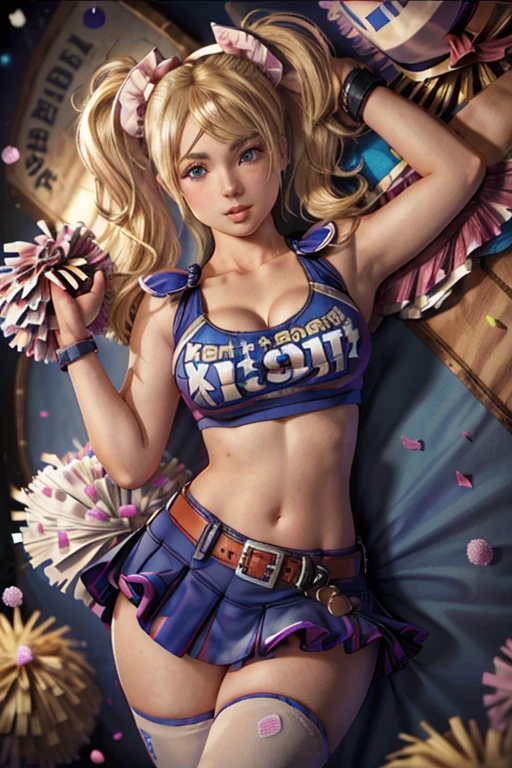 (masterpiece, best quality) JulietStarling, 1girl, solo, long hair, looking at viewer, smile, skirt, large breasts, navel, cleavage, twintails, medium breasts, midriff, belt, lips, crop top, scrunchie, wristband, clothes writing, realistic, cheerleader, navel piercing